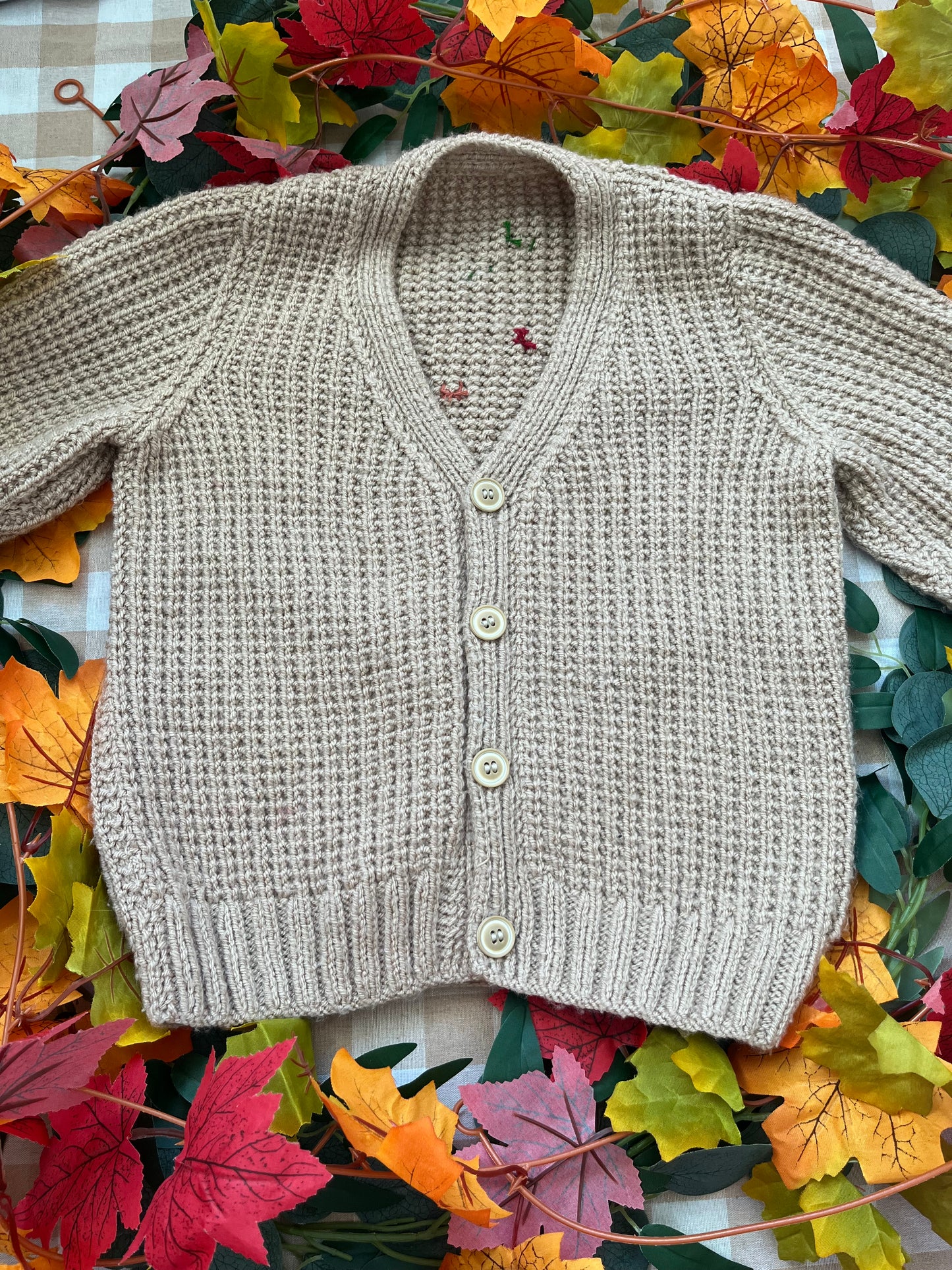 Personalise Me, Size 4-6 years, Name Cardigan, Beige Autumn Leaves Cardigan
