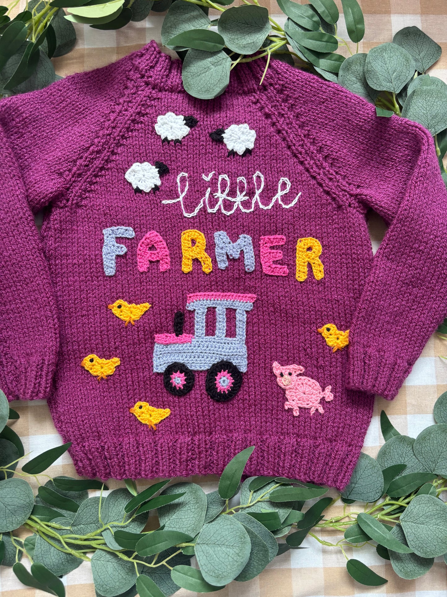 Size 4-5 years, Little Farmer, Purple Hand Knitted Cardi
