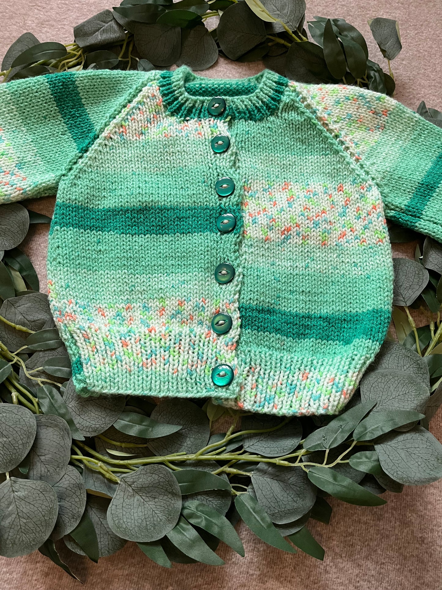 Size 1-2 Years, Ewe & Me, Sheep Cardigan, Green Fleck Hand Knitted Cardigan