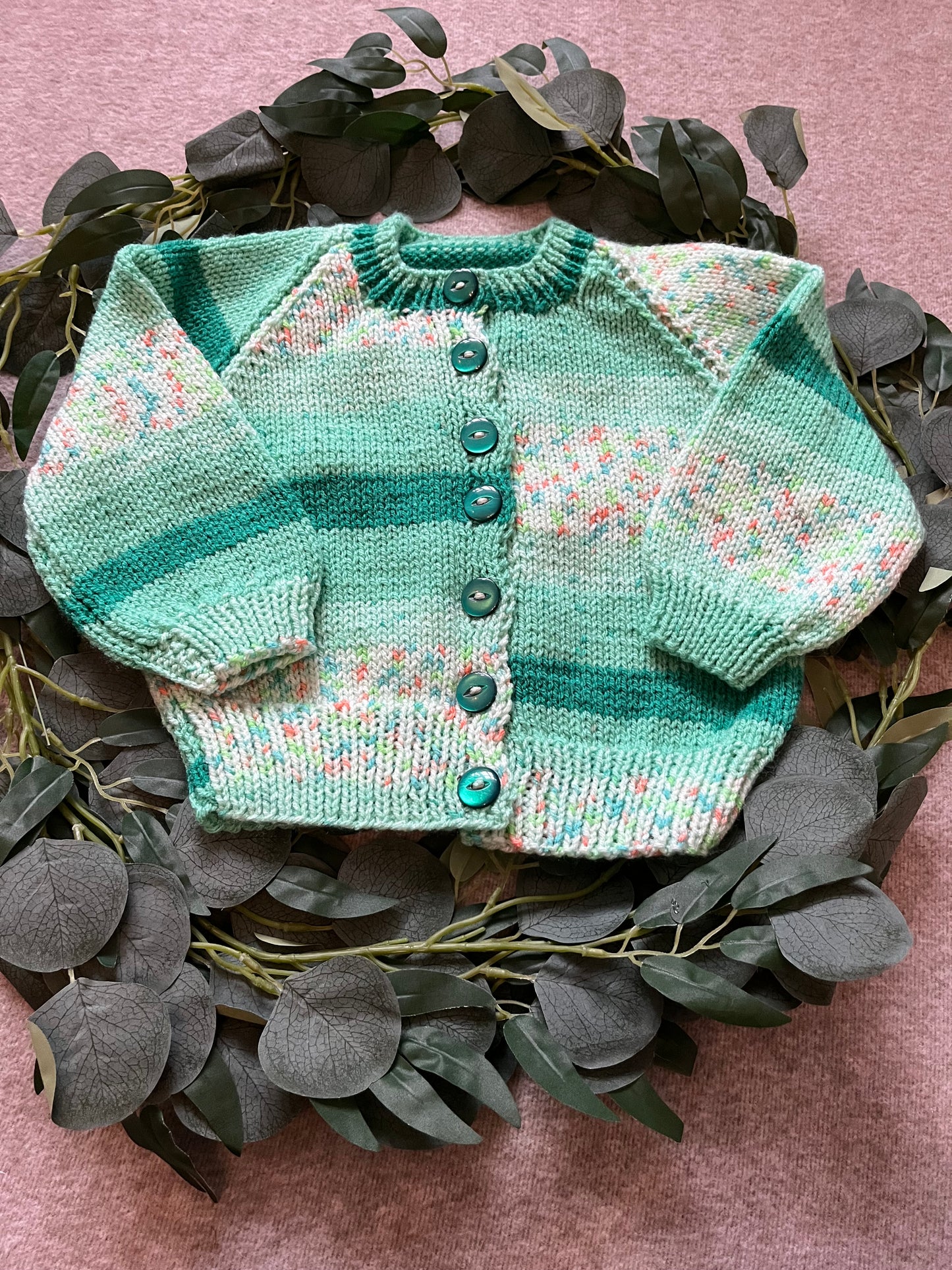 Size 1-2 Years, Ewe & Me, Sheep Cardigan, Green Fleck Hand Knitted Cardigan