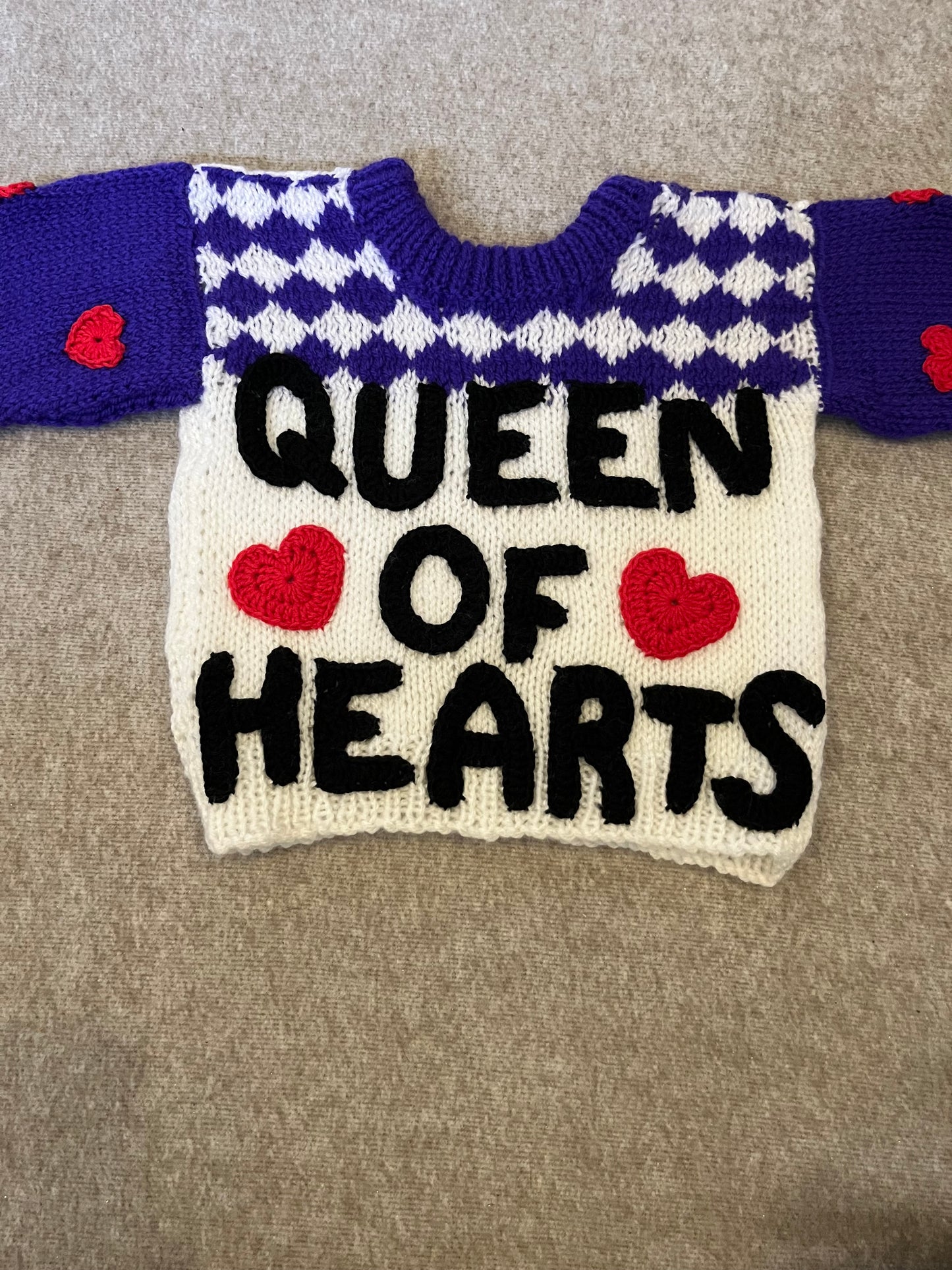 Size 12 Months, Queen of Hearts, Baby Jumper, Love Hearts, Hand knitted Baby Sweater