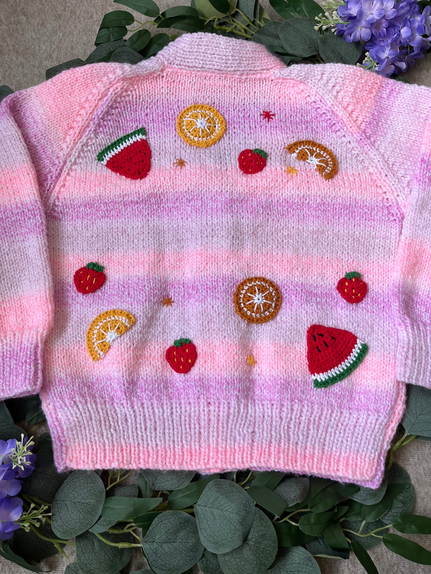 Size 4-6 Years, Personalise Me, Name Cardigan, Ombre Pink/ Purple/ White Hand Knitted