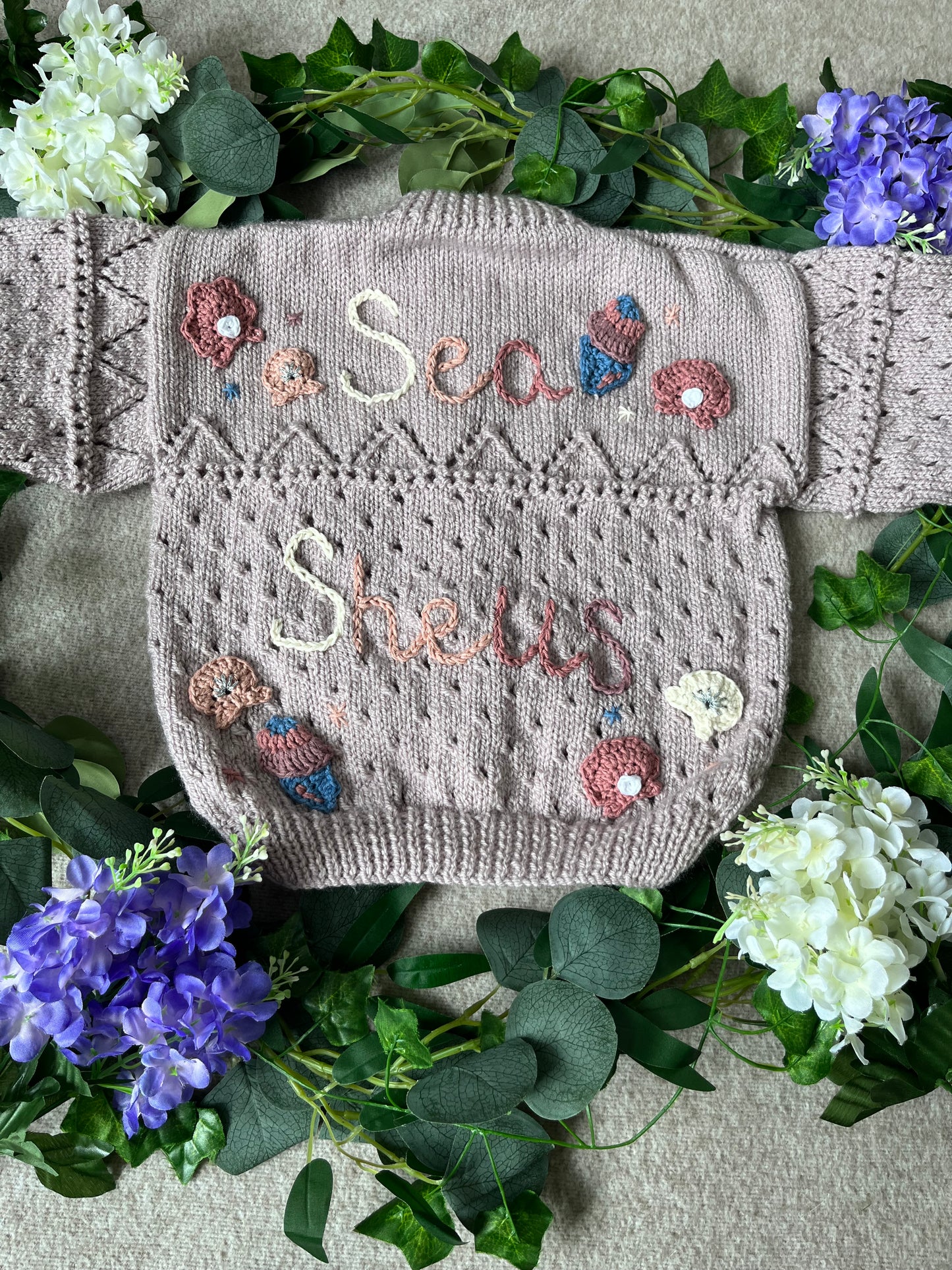 Size 2-4 Years, Sea Shells, Hand Knitted Cardigan