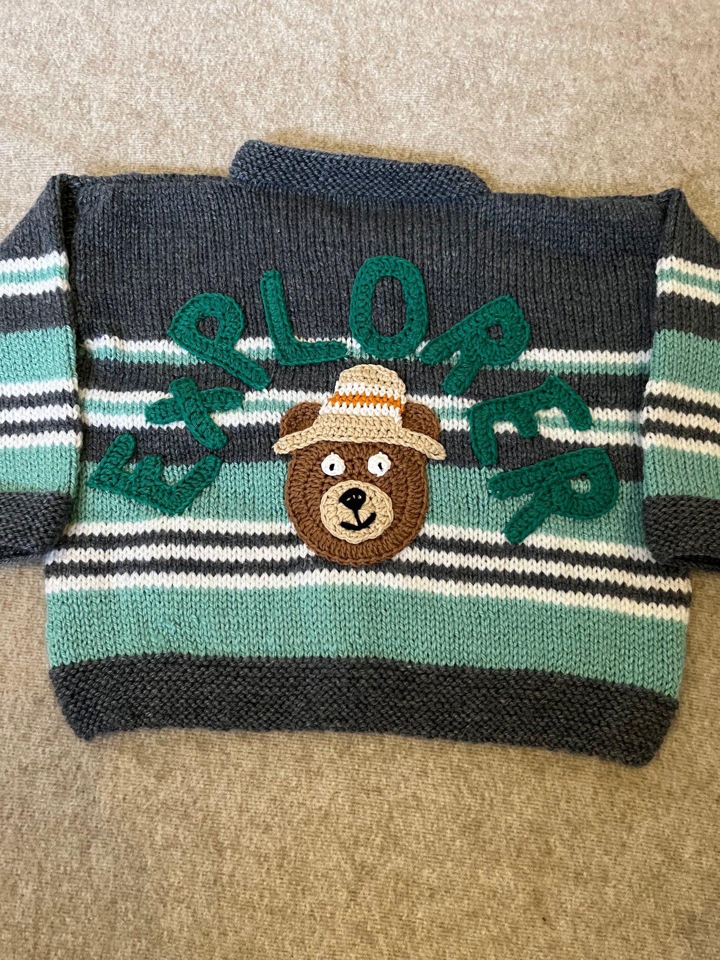 Size 2-3 Years, Explorer, Turquoise Stripe Cardigan, Hand knitted Kids Cardigan, Exploring Bear