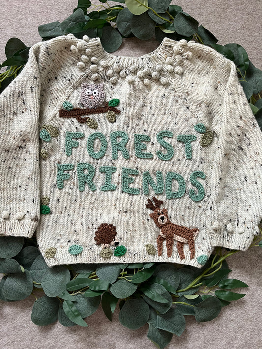 Size 5-6 Years, Forest Friends, Hand knitted Beige Fleck Cardigan, Hedgehog Buttons