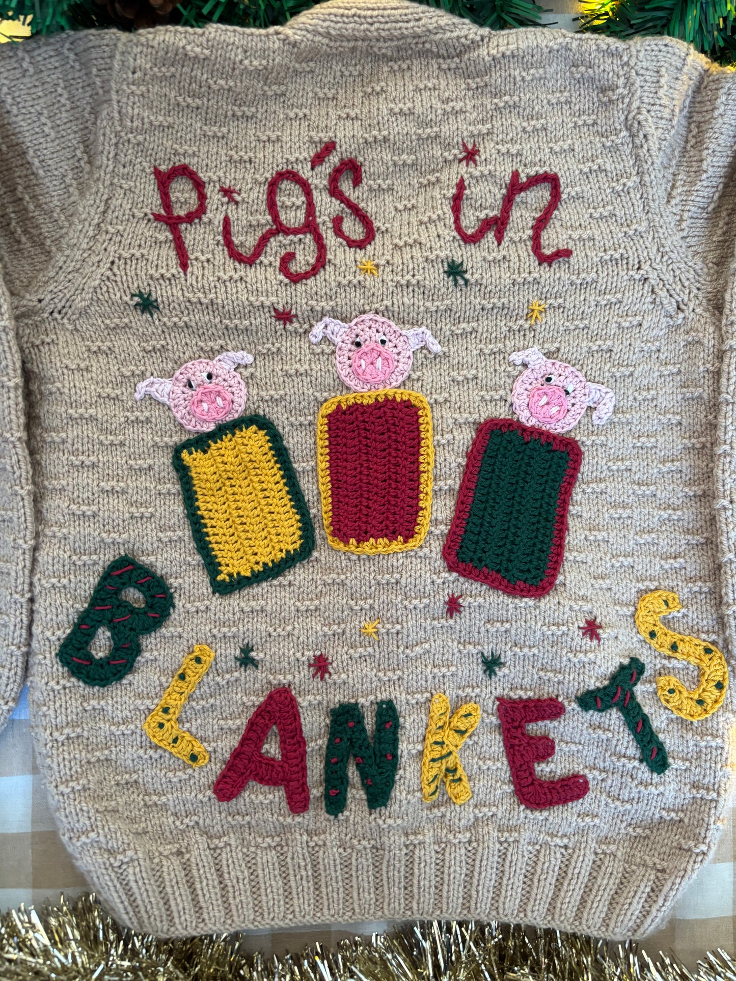 Size 5-7 Years, Pigs in Blankets, Beige Hand knitted Cardi