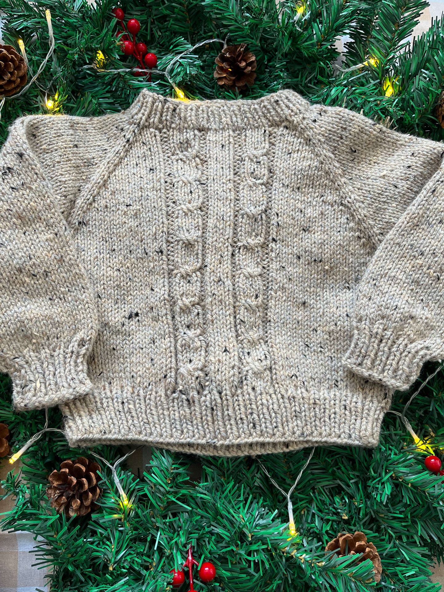 Size 2-4 Years, Rustic Tractor & Christmas Tree Beige Fleck Jumper
