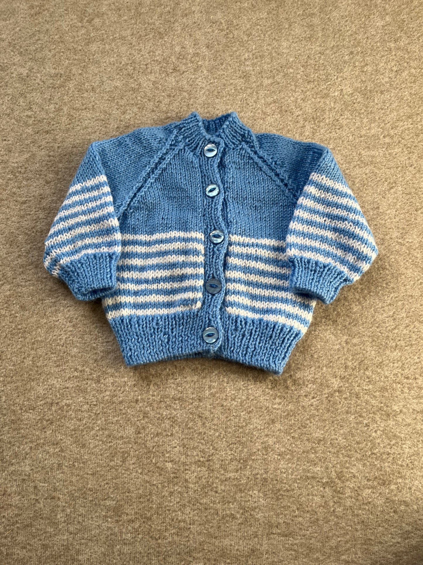 Size 6 Months, Lion Cub, Blue Hand Knitted Cardigan, White Stripe