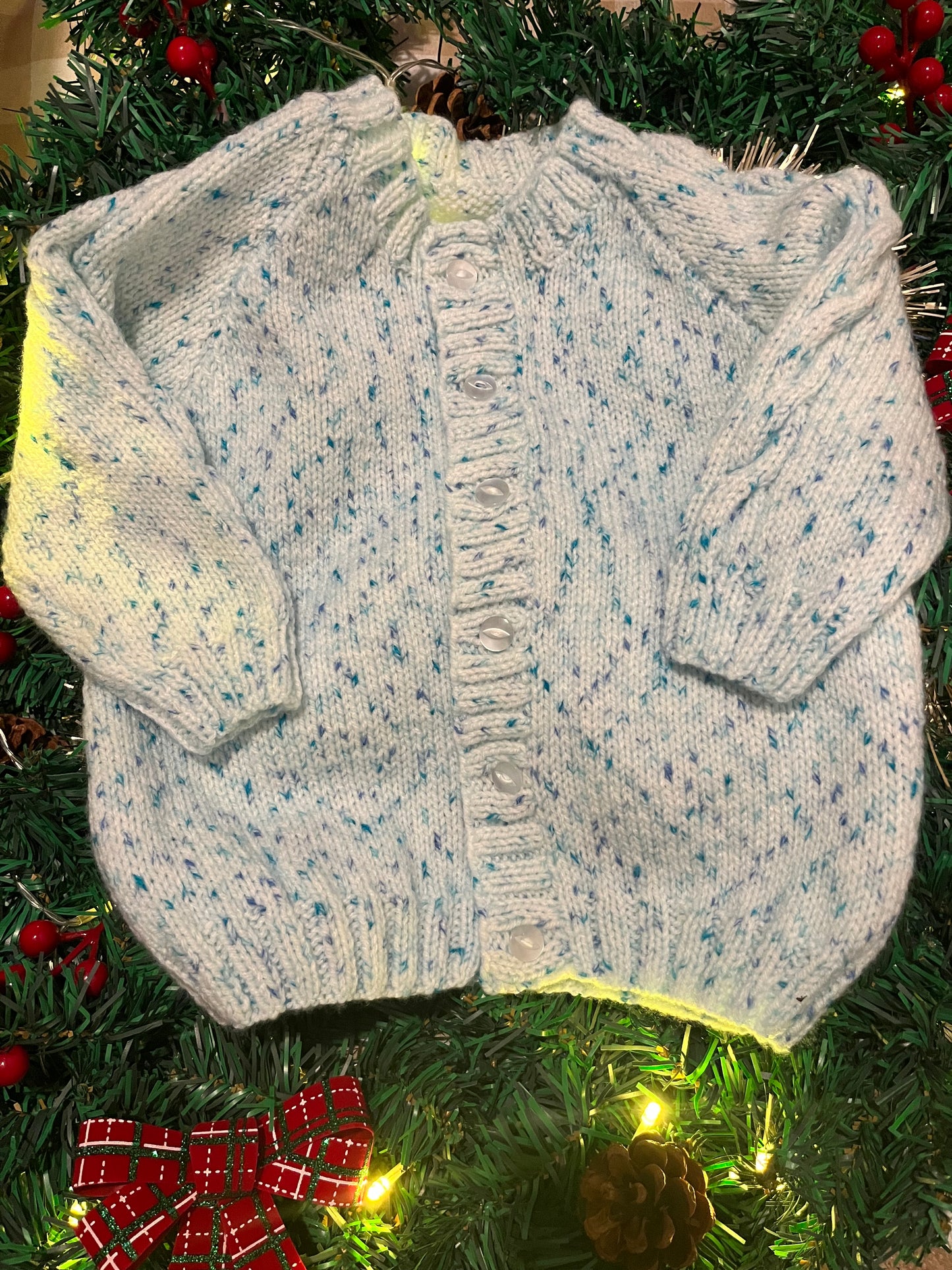 Personalise Me, Size 1-3 Years, Christmas Chicks Name Cardigan, Blue & White Fleck