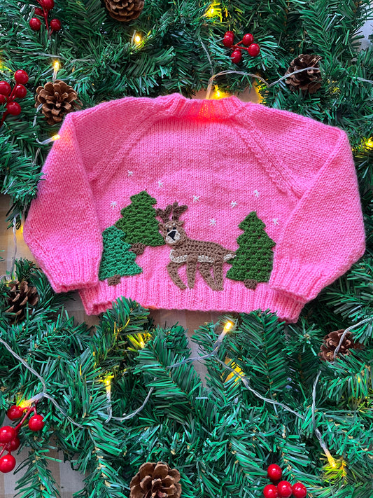 Size 12 Months, Reindeer in the Forest, Pink Baby Cardigan