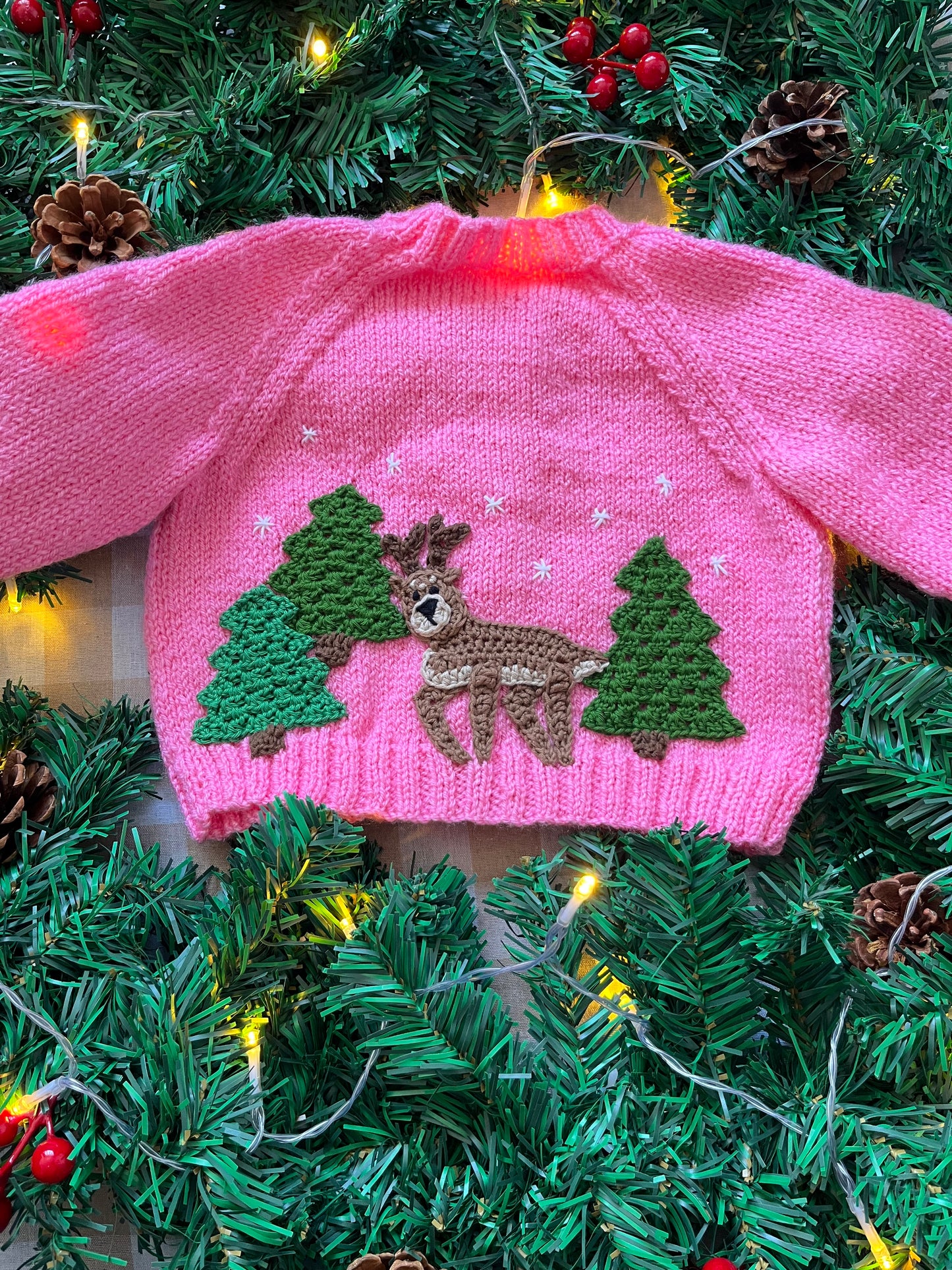 Size 12 Months, Reindeer in the Forest, Pink Baby Cardigan