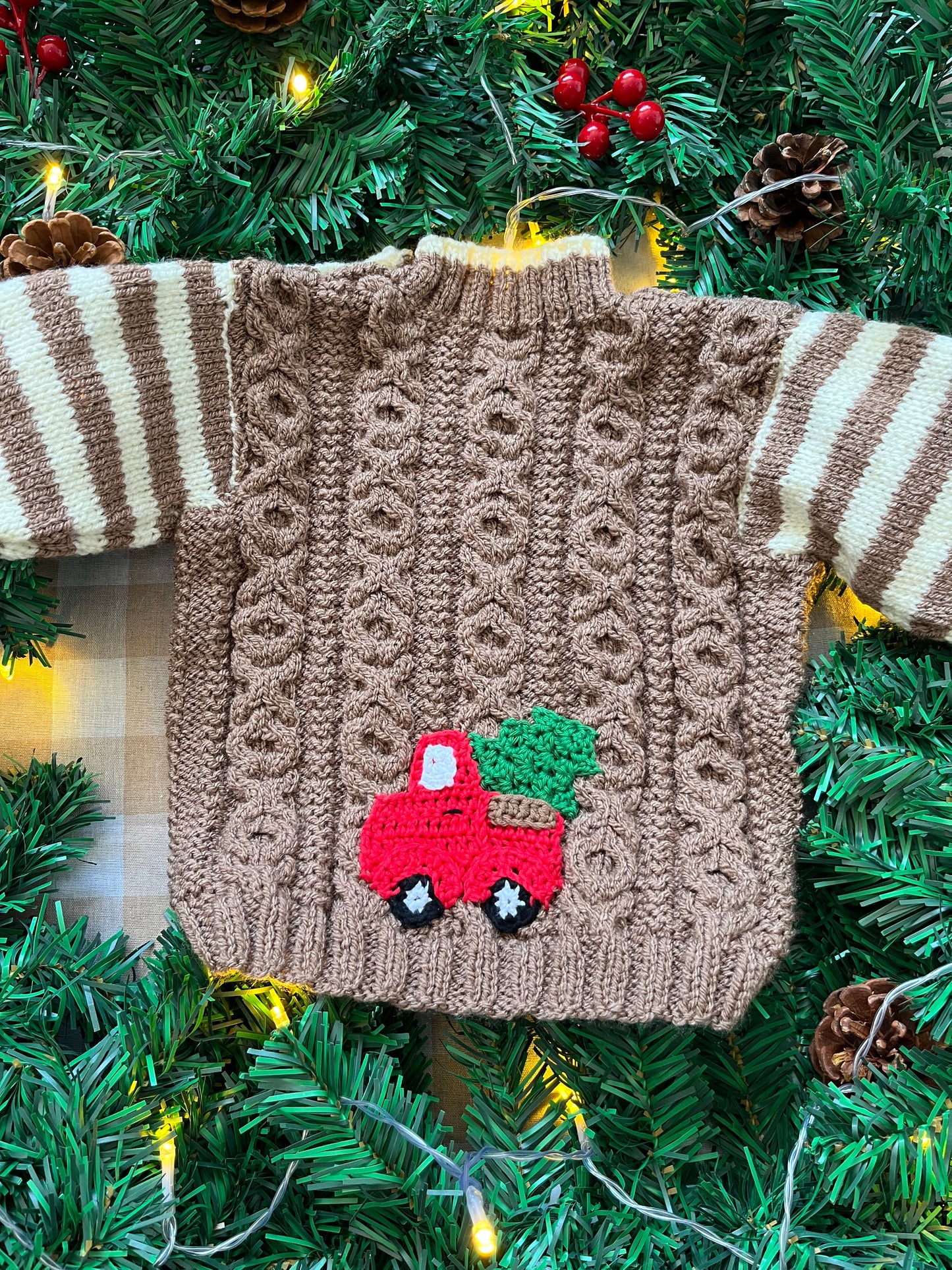 Personalise Me, Size 9-12 Months, Red Christmas Truck, Name Cardi, Striped Sleeves