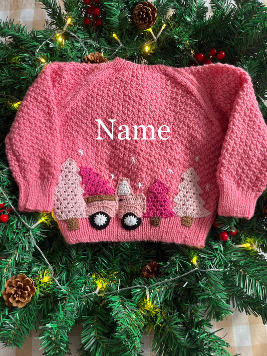 Personalise Me, Size 2-4 Years, Handknitted Pink Christmas Truck & Trees