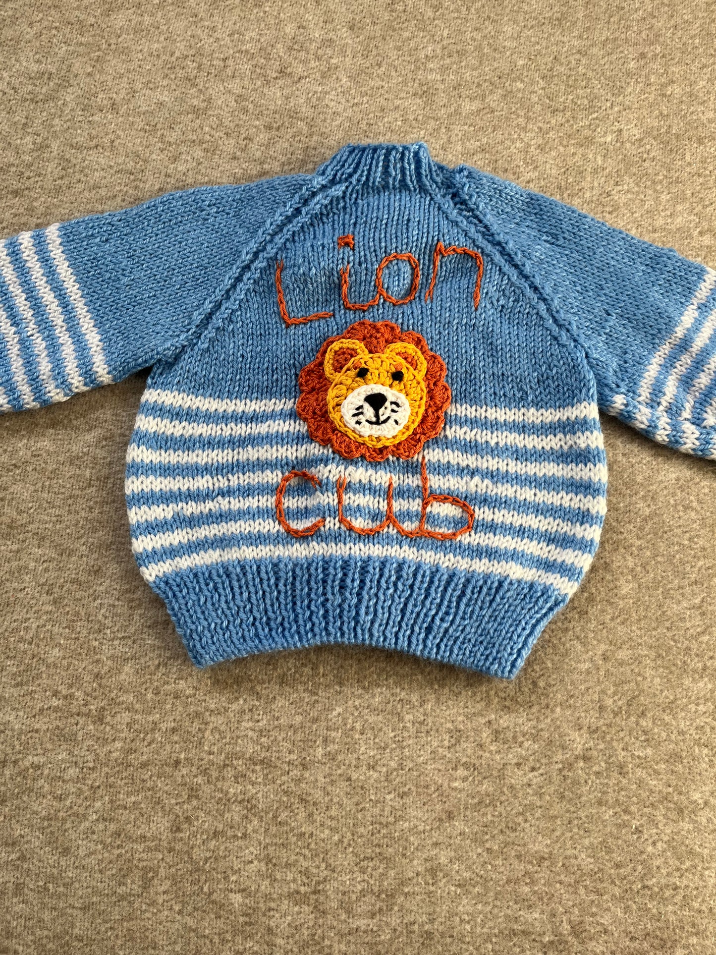 Size 6 Months, Lion Cub, Blue Hand Knitted Cardigan, White Stripe