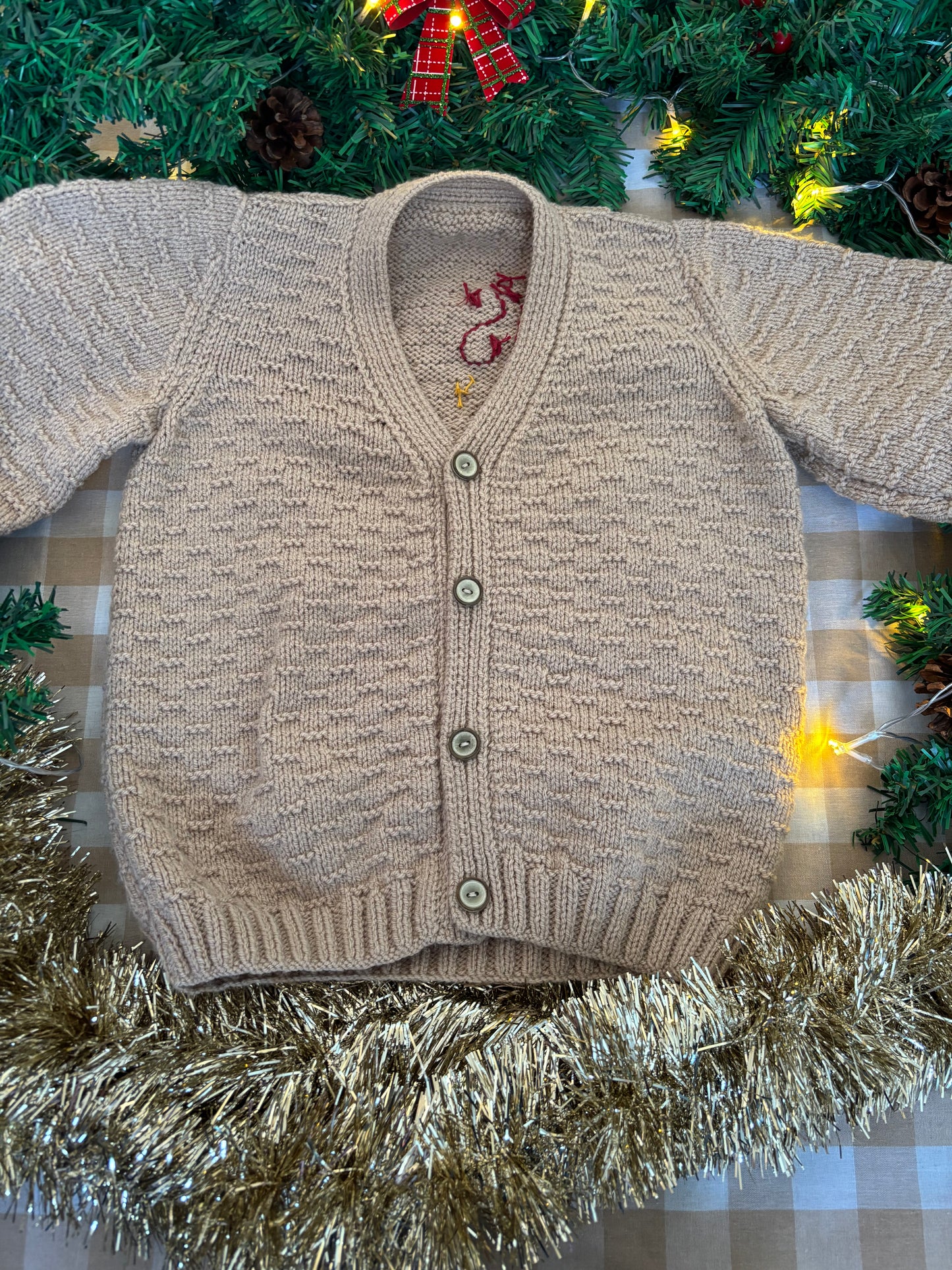 Size 5-7 Years, Pigs in Blankets, Beige Hand knitted Cardi