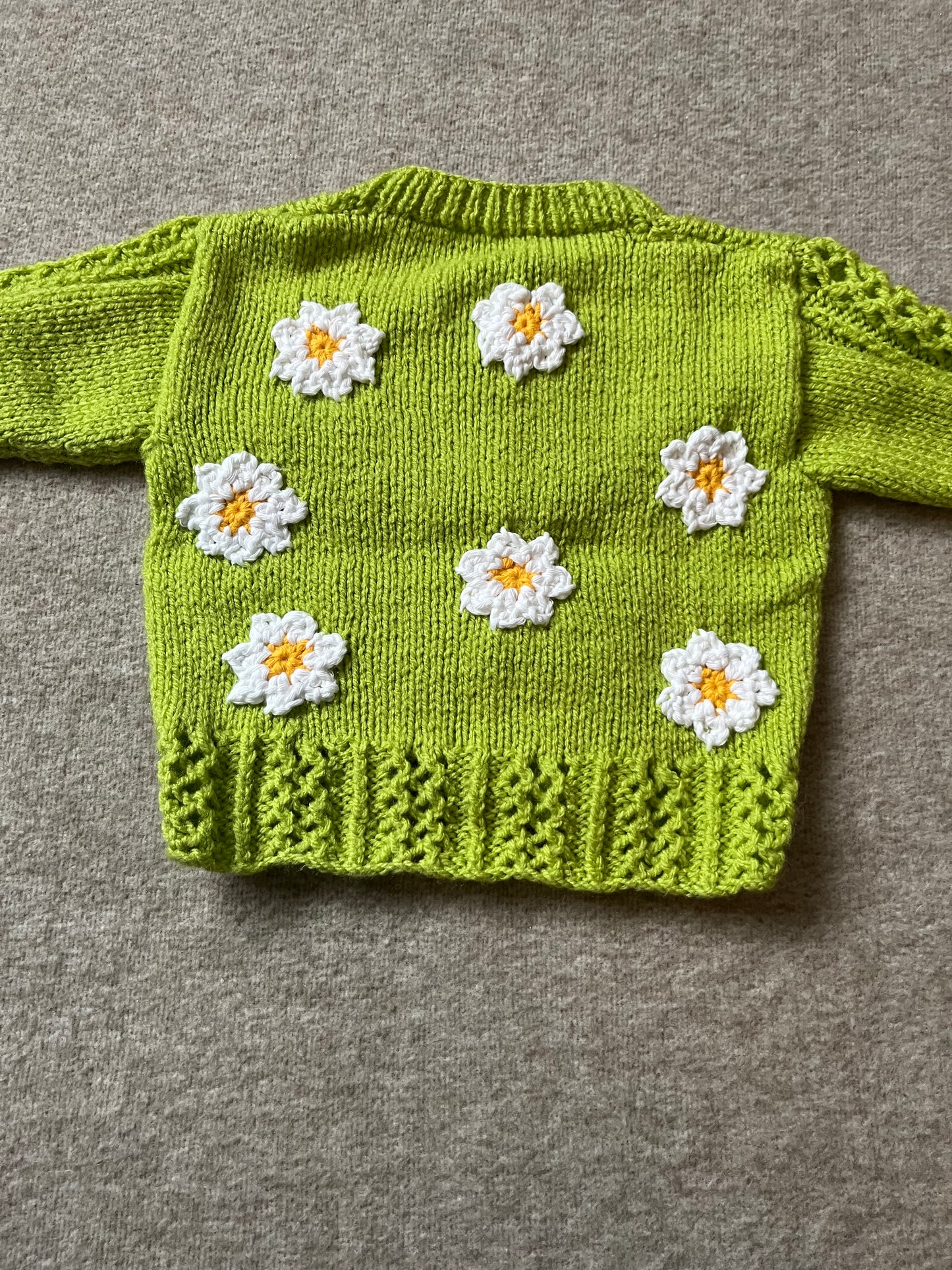 Size 6-12 Months, Green Floral Baby Cardigan, Hand Knitted Baby Girl