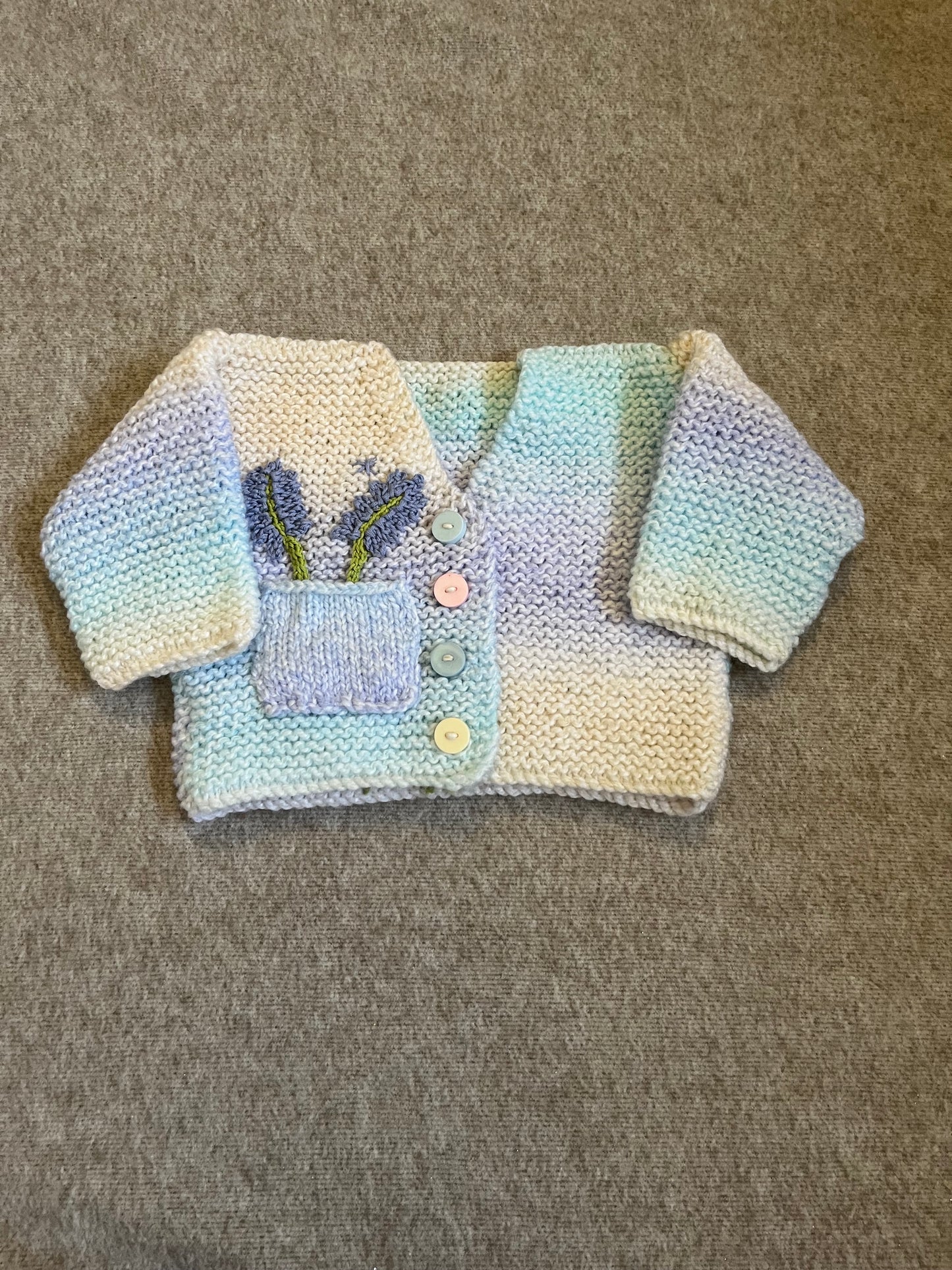 Size 0-3 Months, Bloom Lilac Patel Hand Knitted Baby Cardigan, Lavender Flower, Baby Girl Cardigan