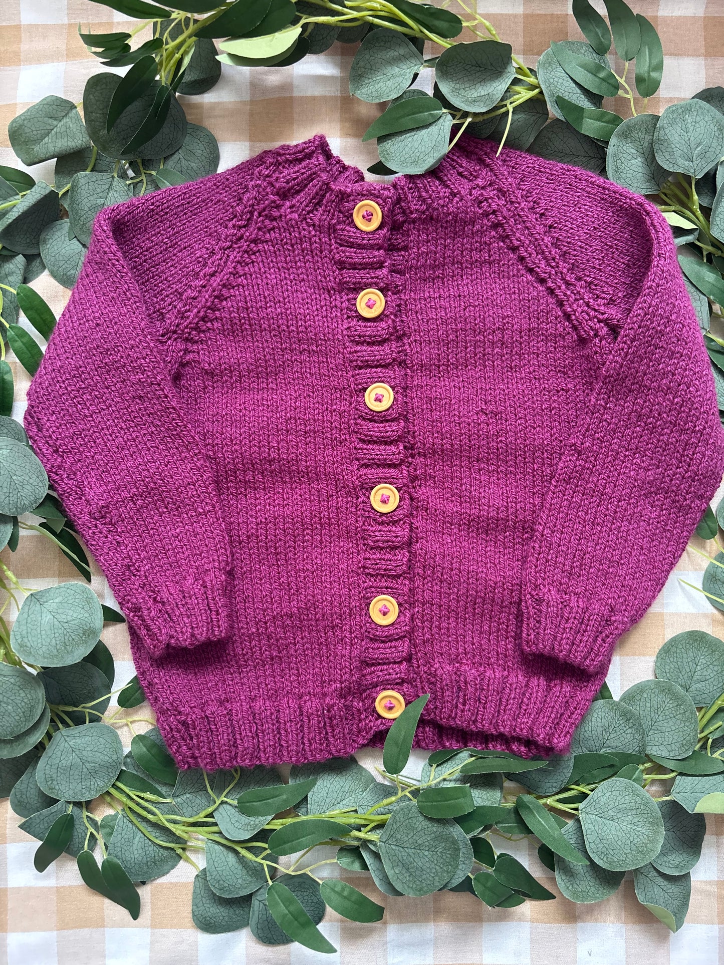 Size 4-5 years, Little Farmer, Purple Hand Knitted Cardi
