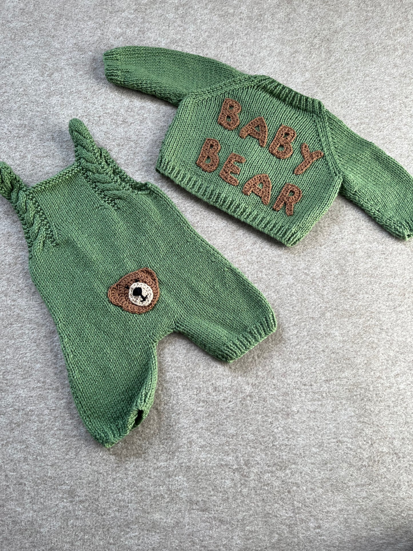 Size 0-3 Months, Baby Bear Romper & Cardi Set, Sage Green Hand Knitted Outfit