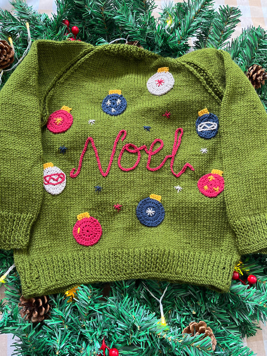 Size 4-6 Years, Noel, Olive Green Cardi with Baubles