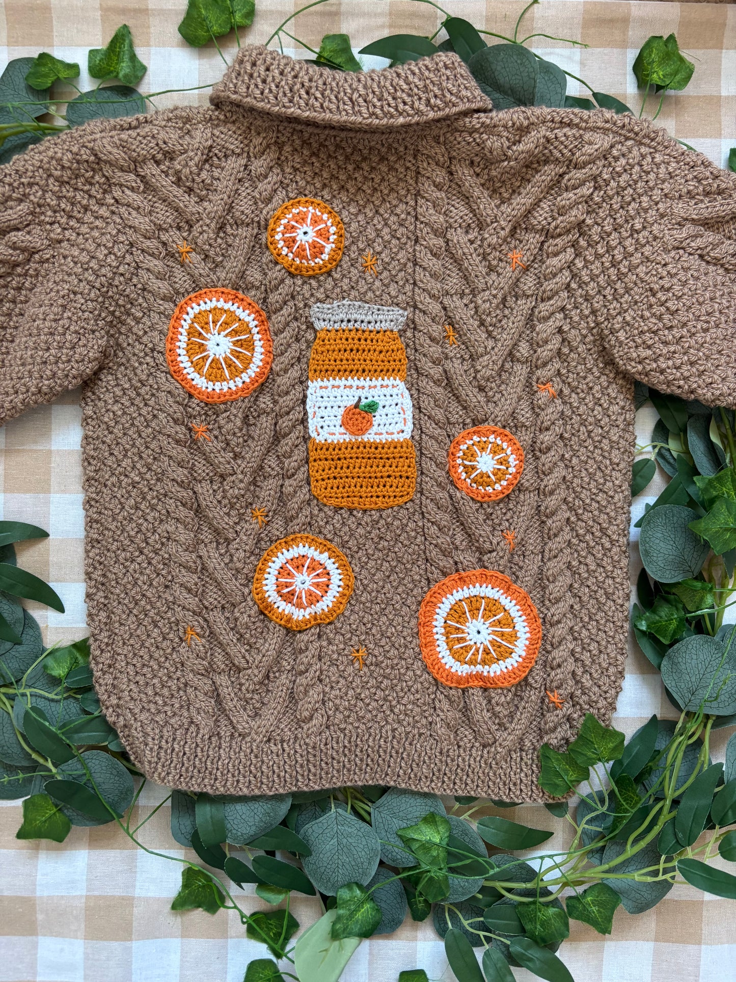 Size 4-6 years, Brown Chunky Cable knit. Marmalade Jar & Orange slices