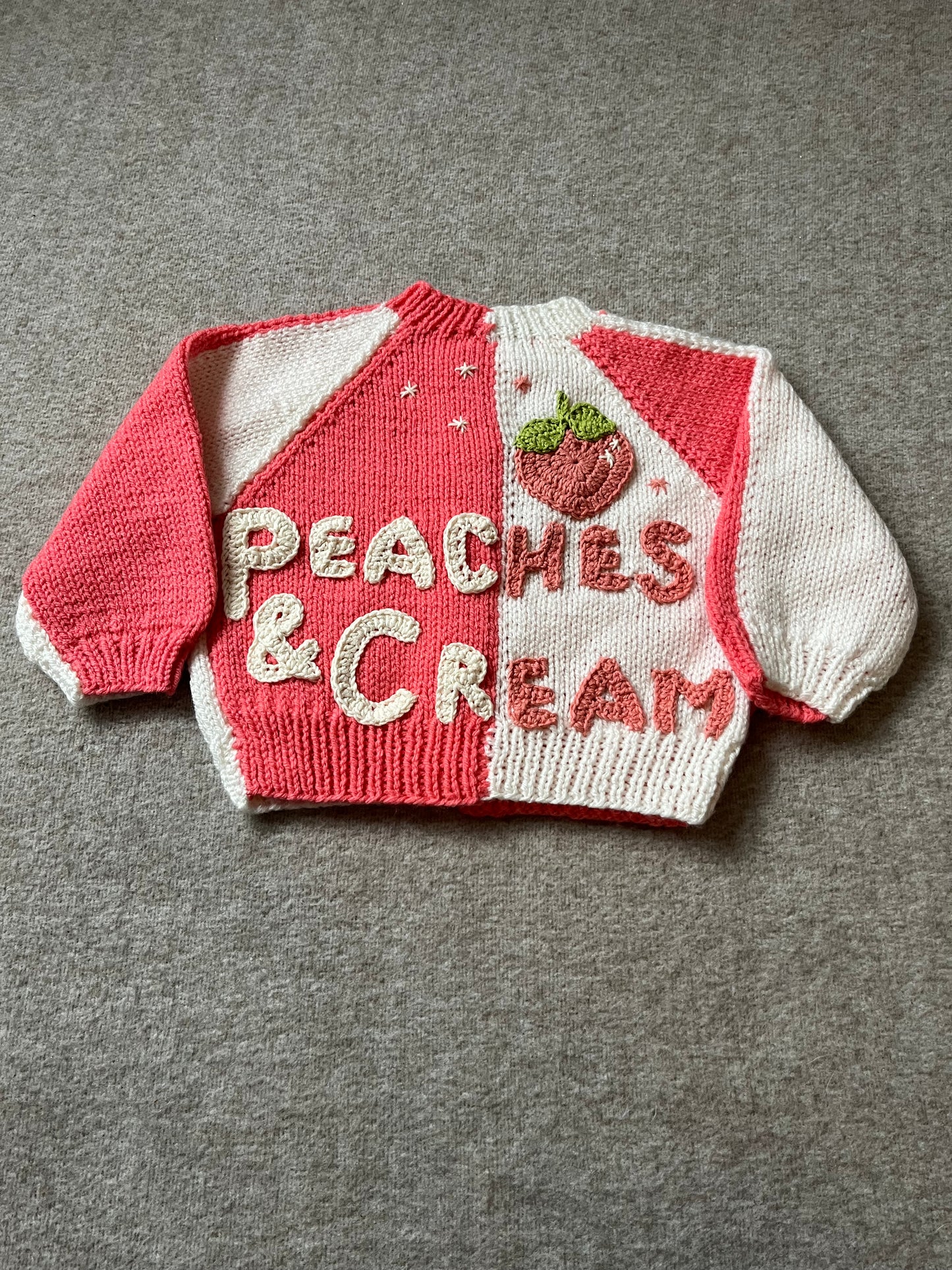 Size 12-18 Months, Peaches & Cream Hand Knitted Cardigan, Two tone Knitwear