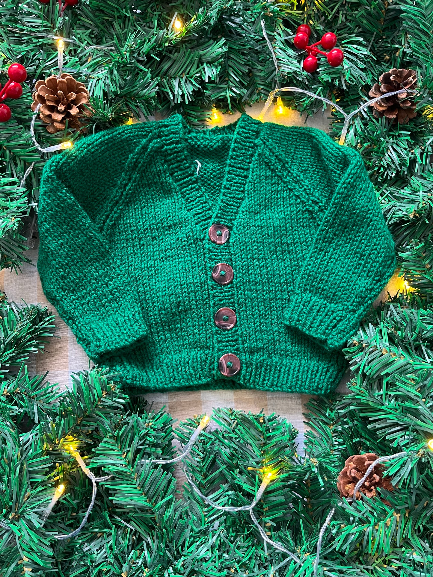 Size 3-6 Months, Green Hand Knitted Cardi, Santa design