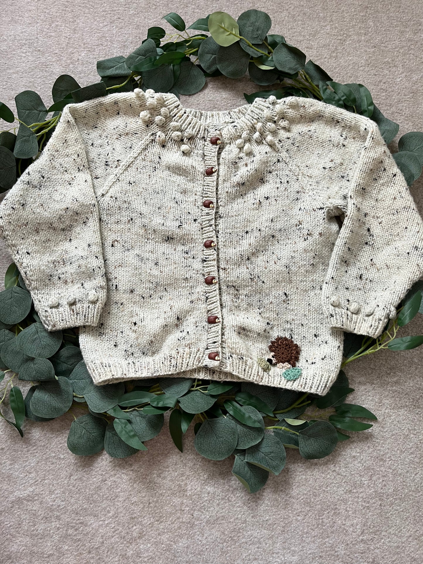 Size 5-6 Years, Forest Friends, Hand knitted Beige Fleck Cardigan, Hedgehog Buttons