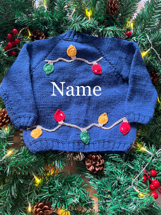 Personalise Me, Size 18-24 Months, Blue Christmas Lights Name Cardi