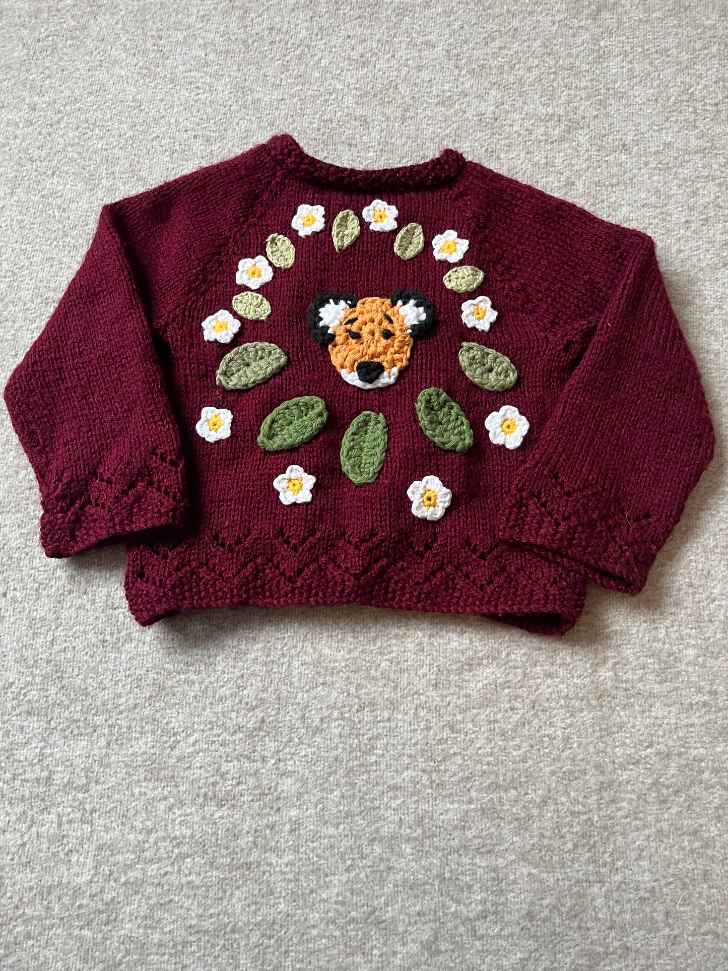 Size 6-12 Months, Woodland Fox Cardigan, Hand knitted Baby Girl Cardigan