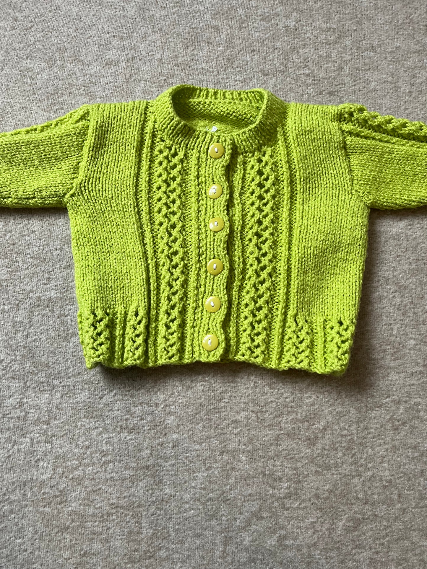 Size 6-12 Months, Green Floral Baby Cardigan, Hand Knitted Baby Girl