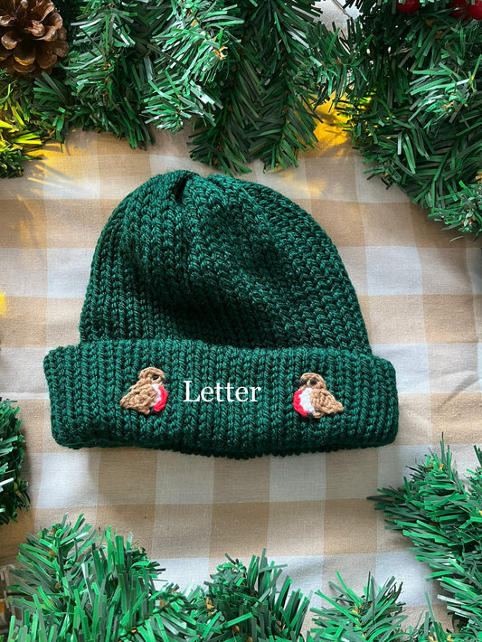 Personalise Me, Size 1-3 years, Forest Green Little Robin Hat, Add a letter