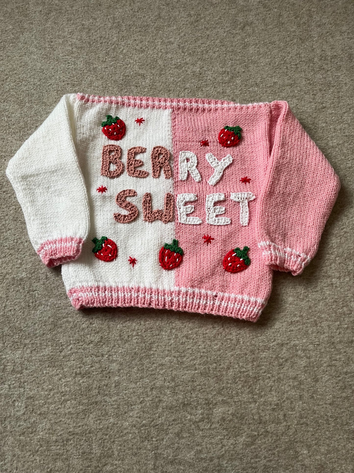 Size 12-18 Months, Berry Sweet, Strawberry Sweater, Hand Knitted Baby Jumper, Two Tone Pink & White