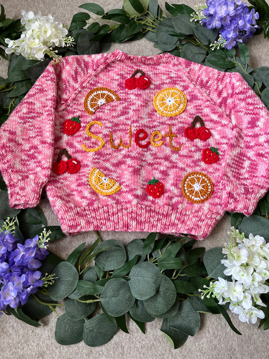 Size 2-3 Years, Sweet, Pink Fruit Hand Knitted Cardigan