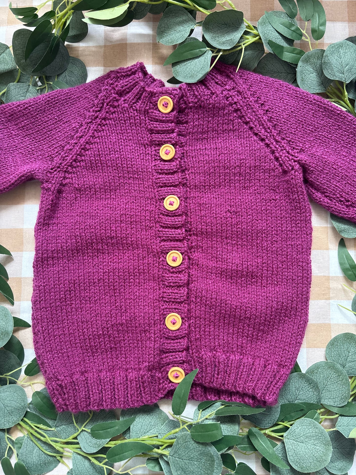 Size 4-5 years, Little Farmer, Purple Hand Knitted Cardi