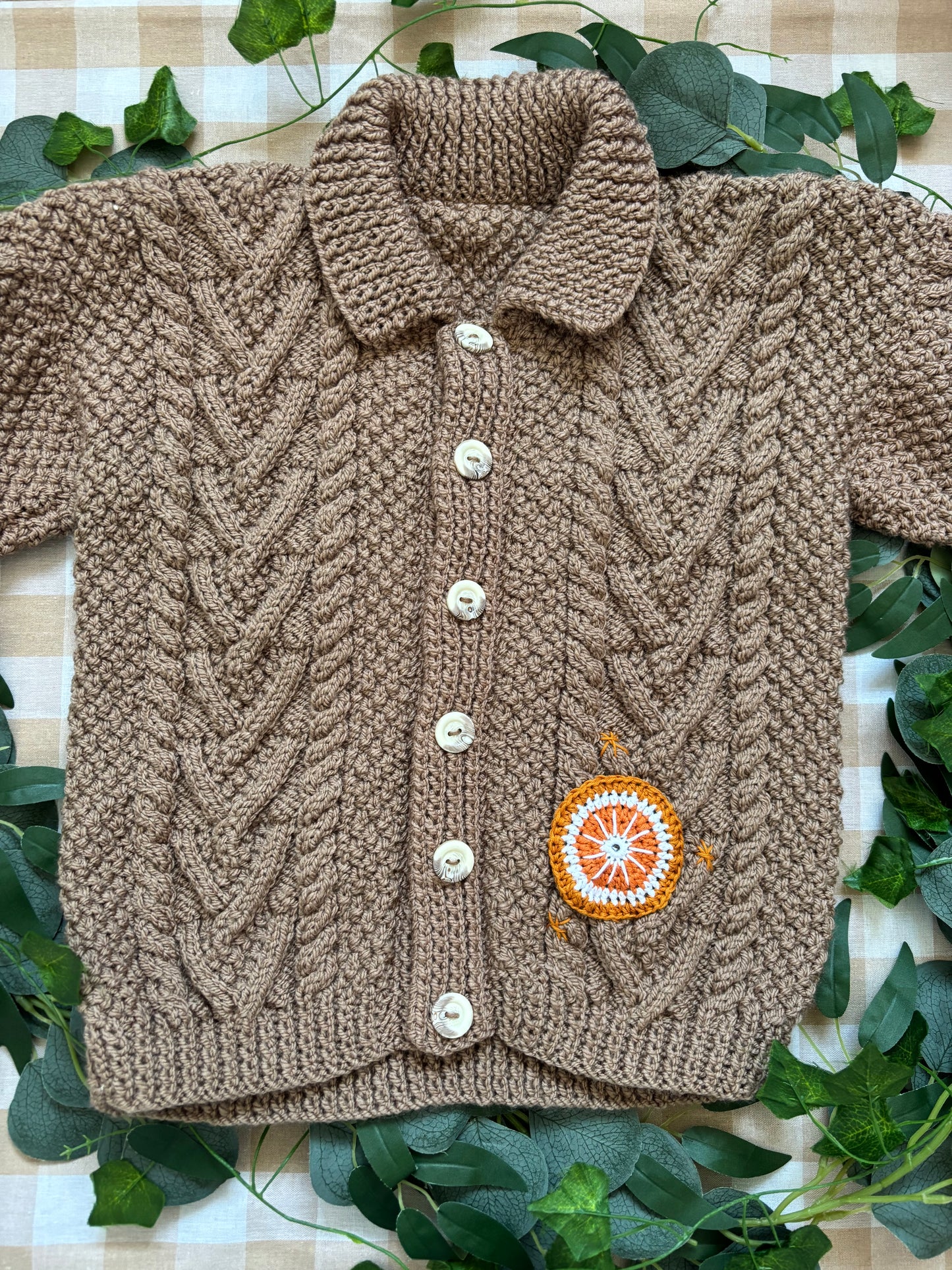 Size 4-6 years, Brown Chunky Cable knit. Marmalade Jar & Orange slices
