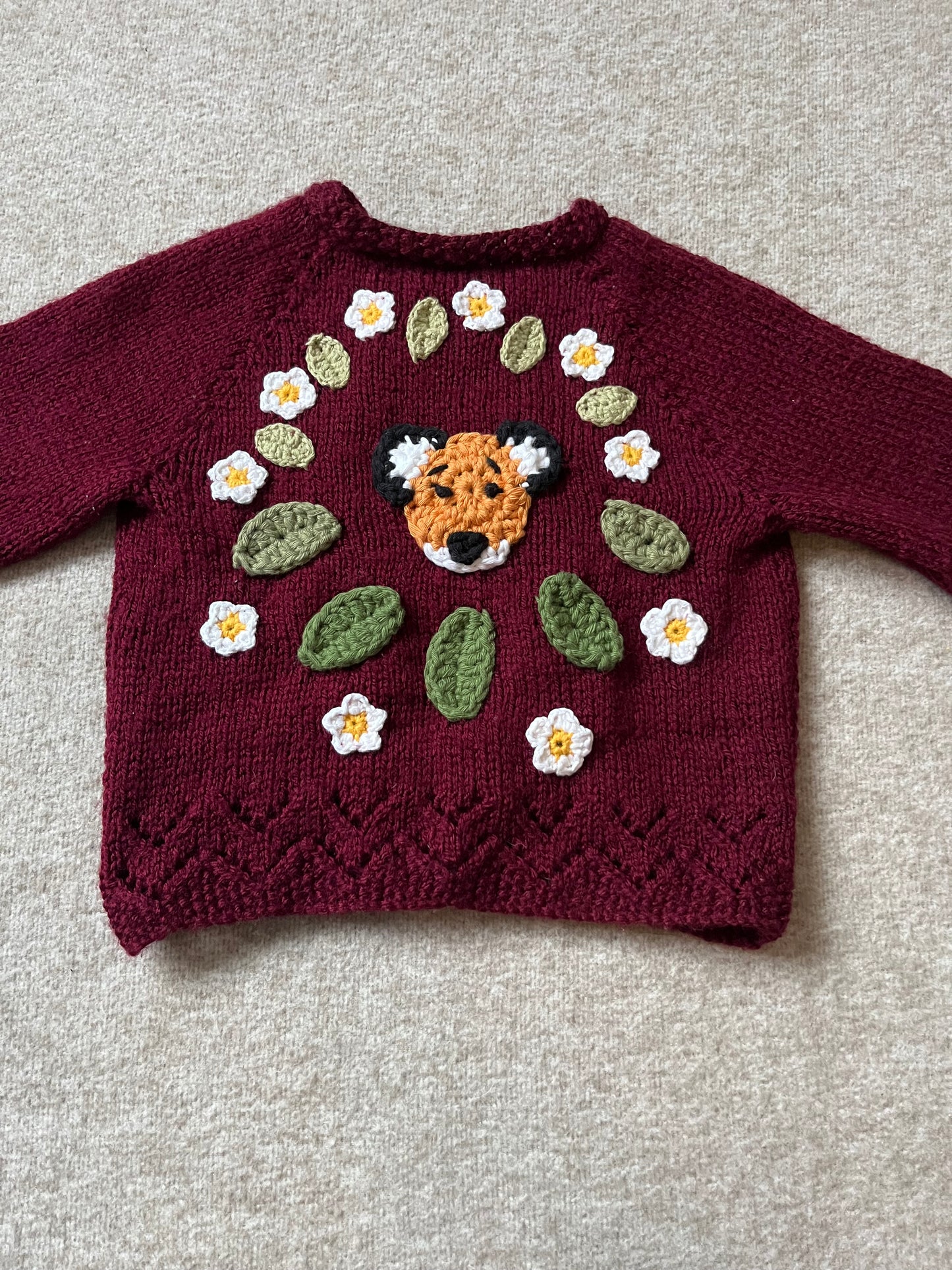 Size 6-12 Months, Woodland Fox Cardigan, Hand knitted Baby Girl Cardigan