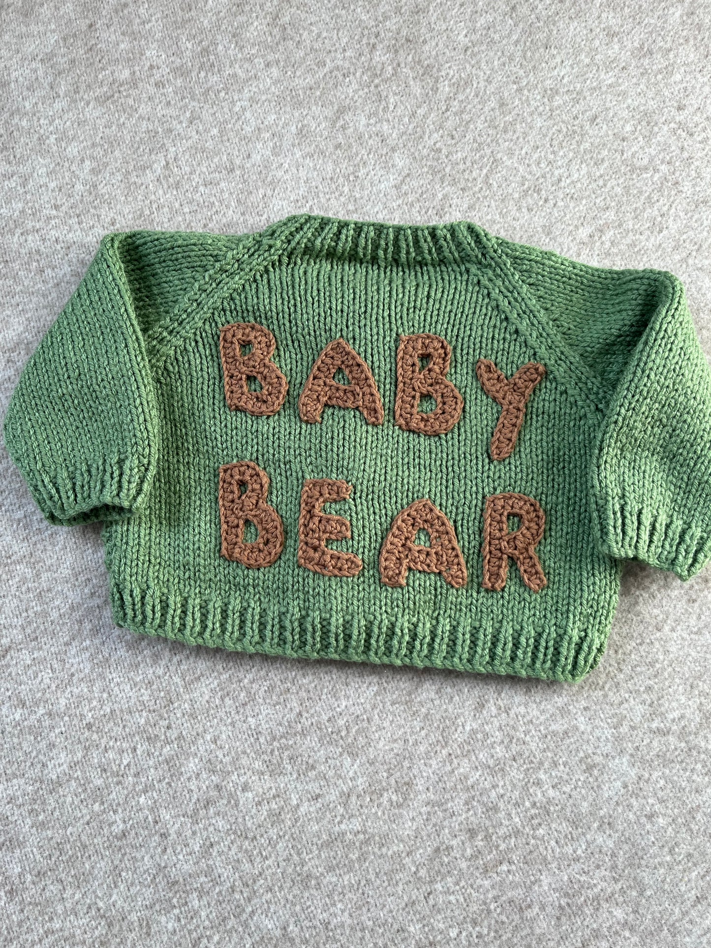 Size 0-3 Months, Baby Bear Romper & Cardi Set, Sage Green Hand Knitted Outfit