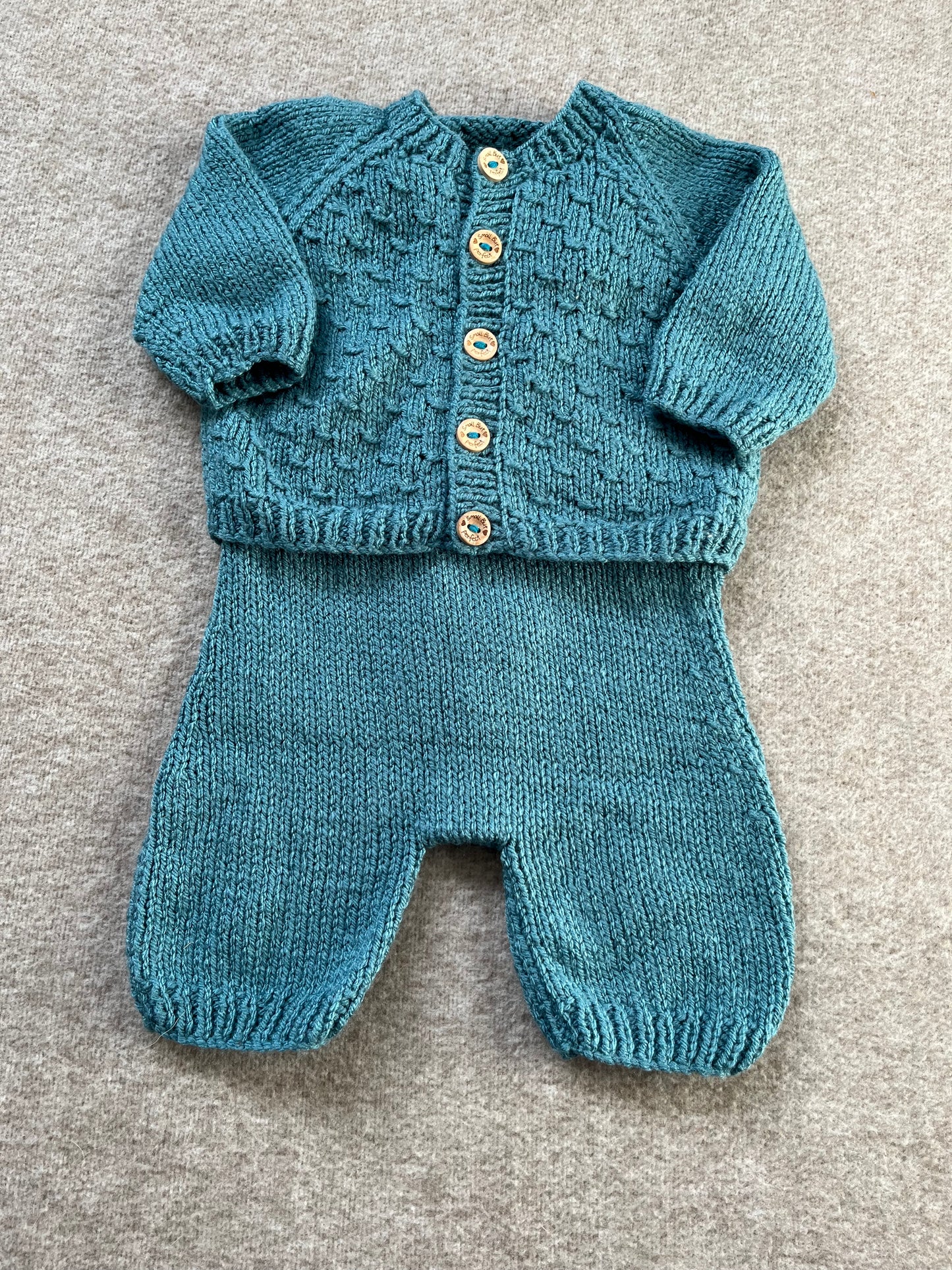 Size 0-3 Months, Baby Romper & Cardigan Set, Hand Knitted Turquoise Baby Gift, Little Lion