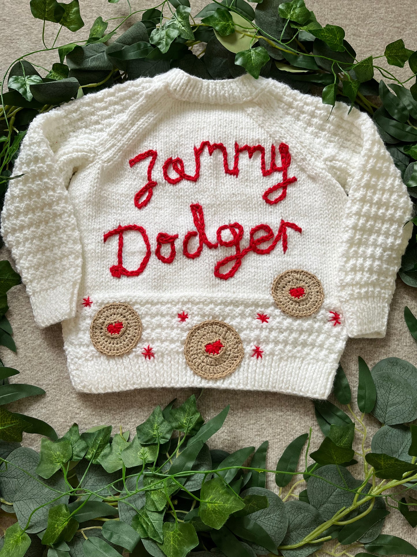 Size 1-2 Years, Jammy Dodger, White Hand Knitted Cardigan