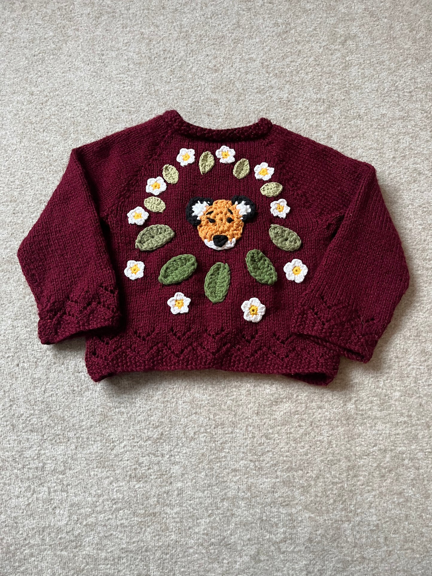 Size 6-12 Months, Woodland Fox Cardigan, Hand knitted Baby Girl Cardigan