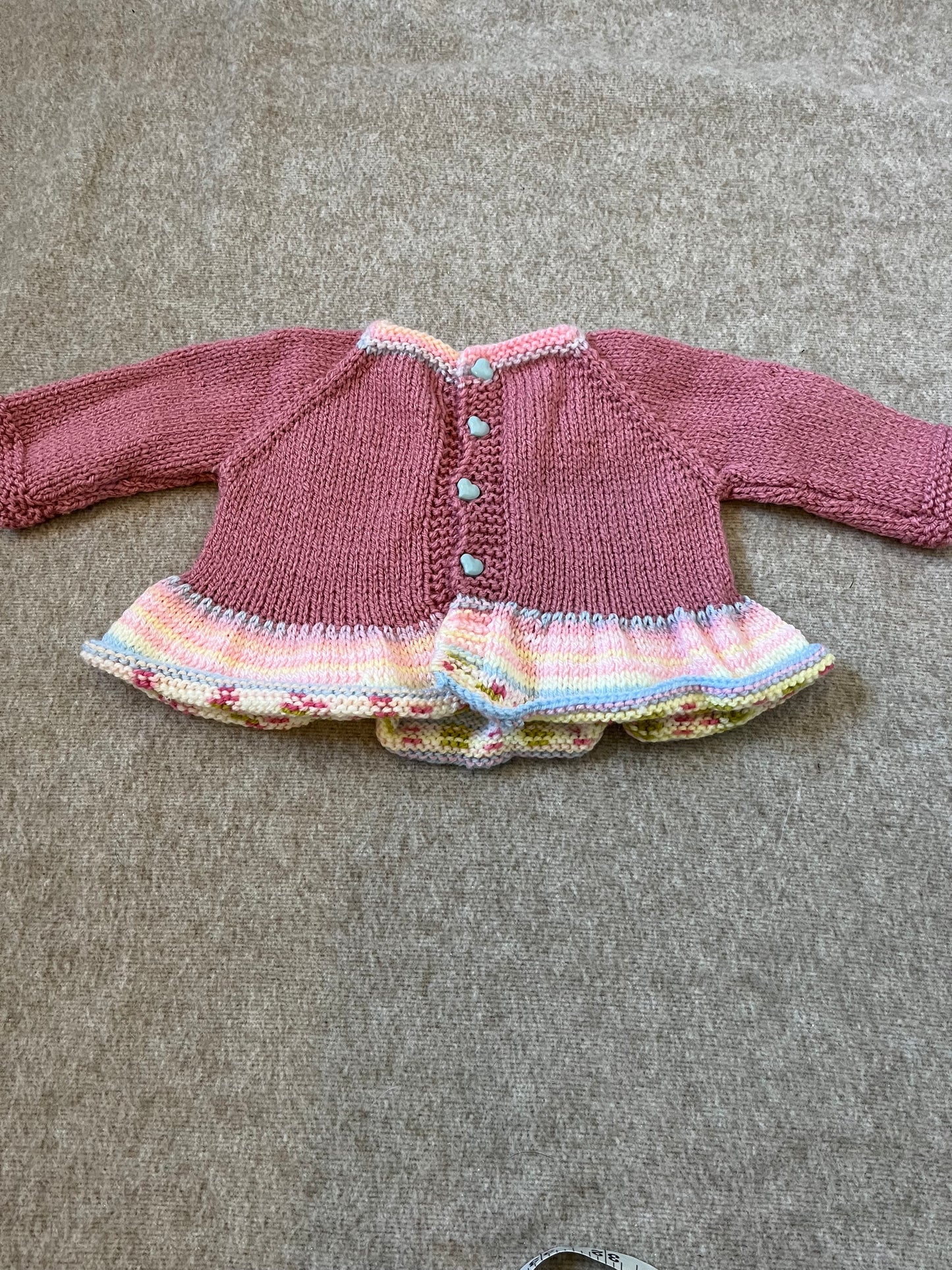 Size 0-3 Months, Hand Knitted Baby Bear with Flowers, Frill Cardigan