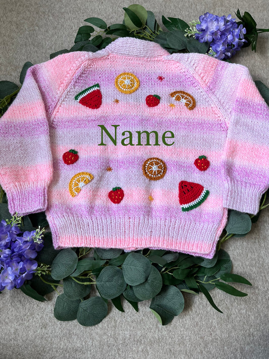 Size 4-6 Years, Personalise Me, Name Cardigan, Ombre Pink/ Purple/ White Hand Knitted
