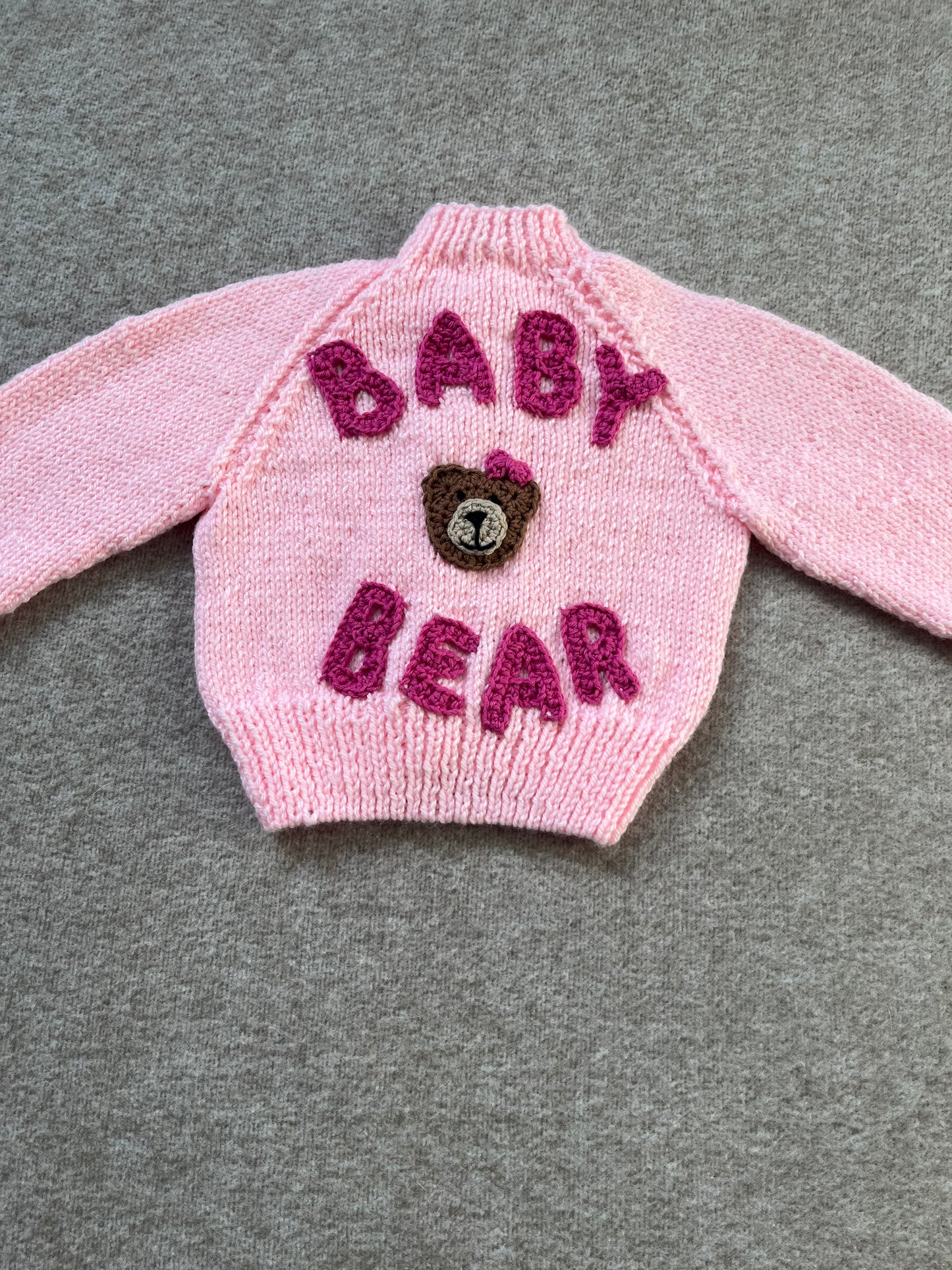 Size 3-6 Months, Pink Baby Bear Hand Knitted Cardigan