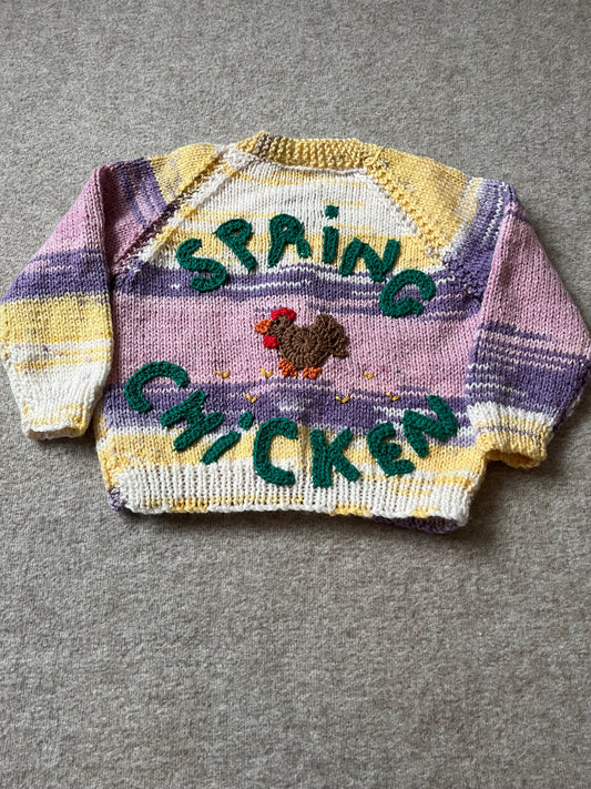 Size 1-2 years, Spring Chicken, Hand Knitted Baby Cardigan