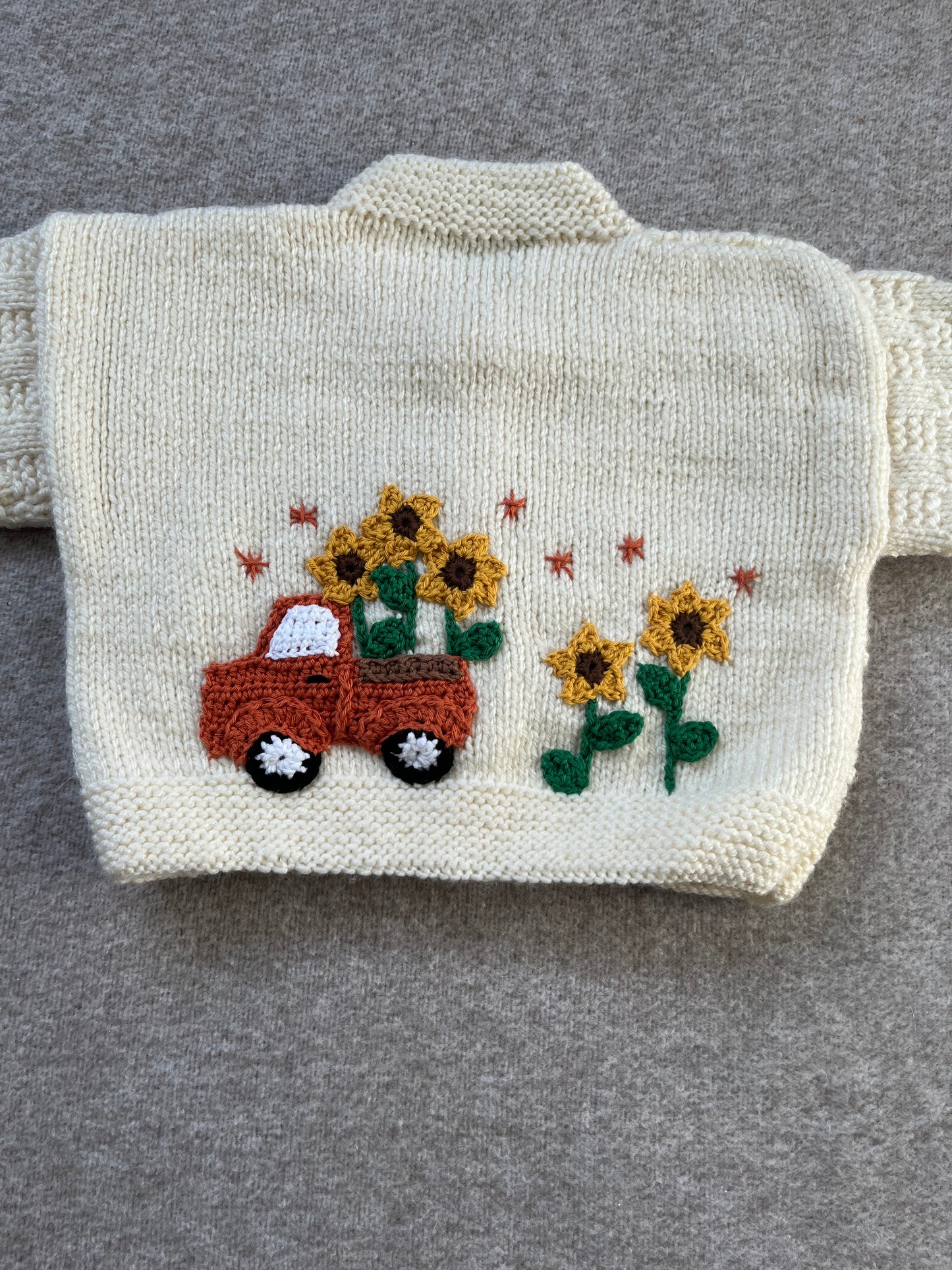 Size 6-12 Months, Sunflower Truck, Chunky Cream Hand Knitted Cardigan