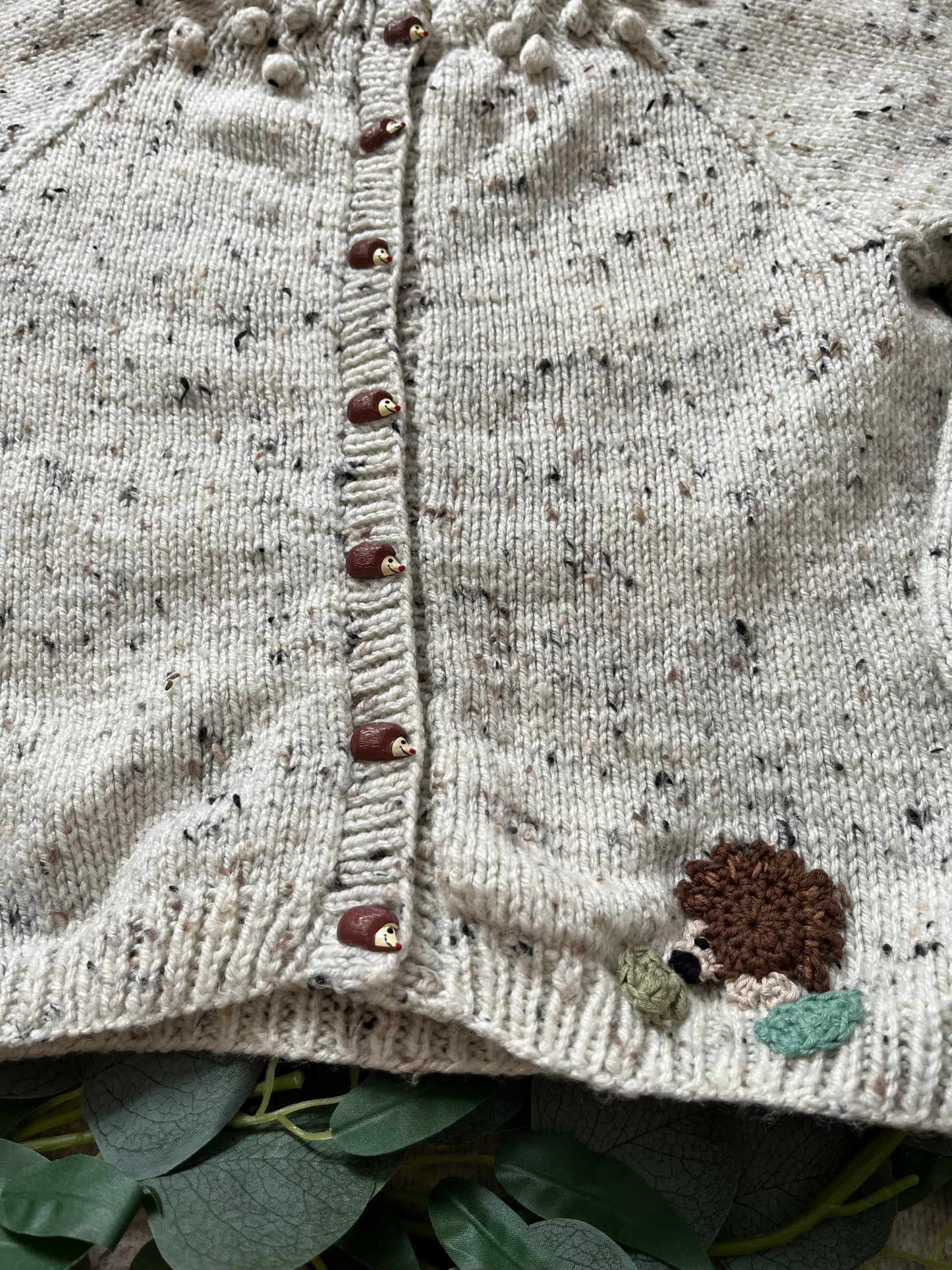 Size 5-6 Years, Forest Friends, Hand knitted Beige Fleck Cardigan, Hedgehog Buttons