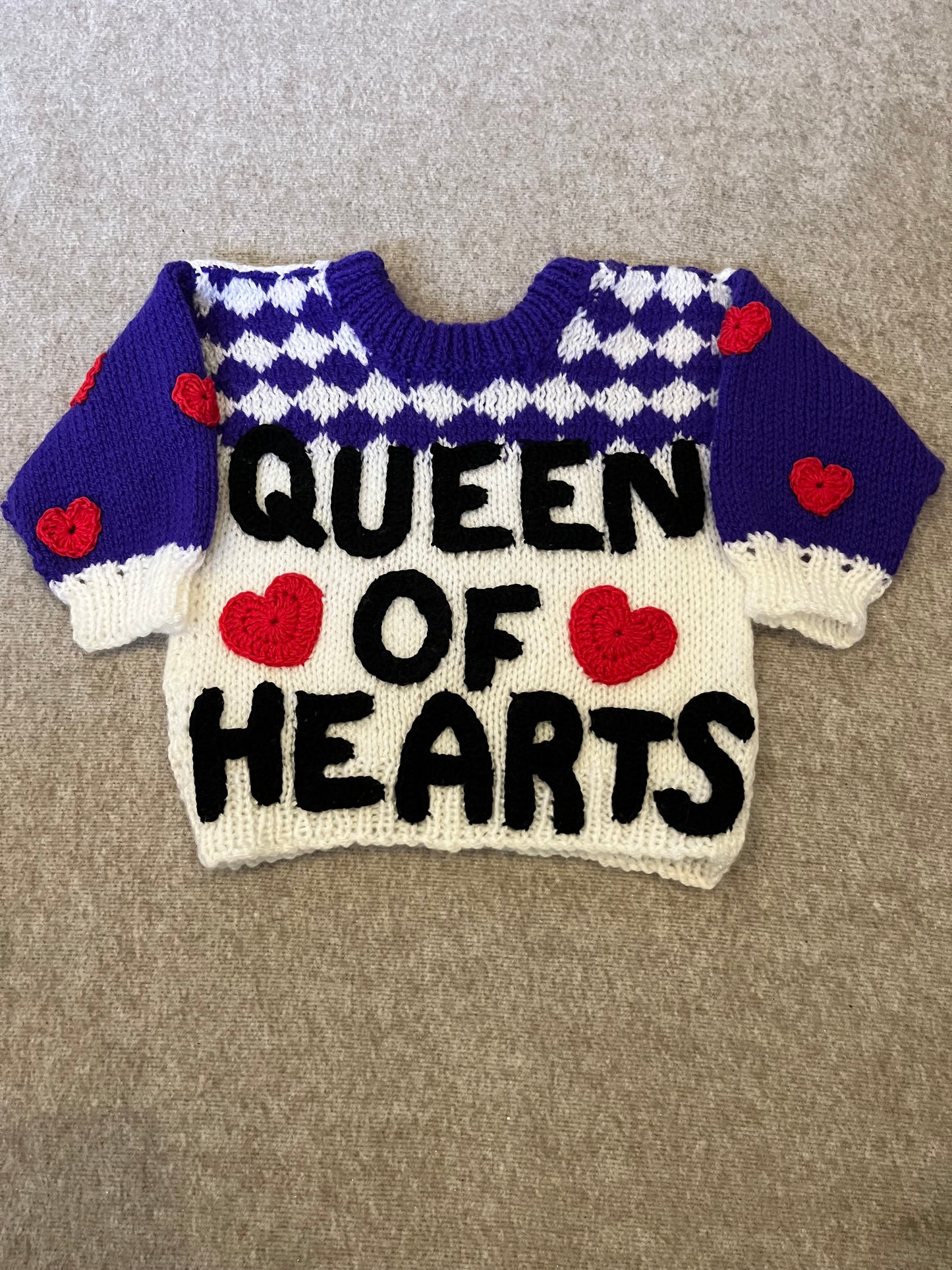 Size 12 Months, Queen of Hearts, Baby Jumper, Love Hearts, Hand knitted Baby Sweater