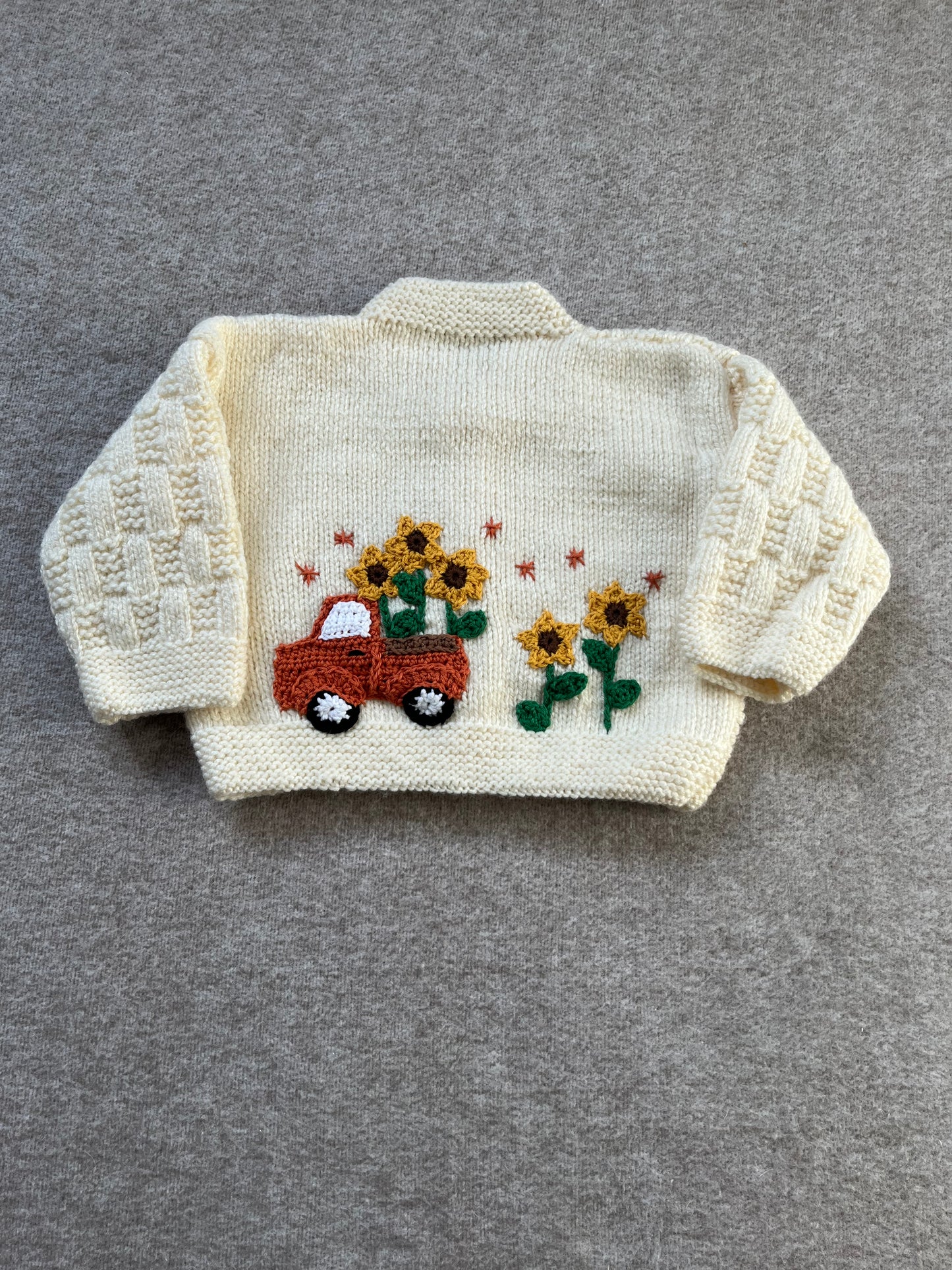 Size 6-12 Months, Sunflower Truck, Chunky Cream Hand Knitted Cardigan