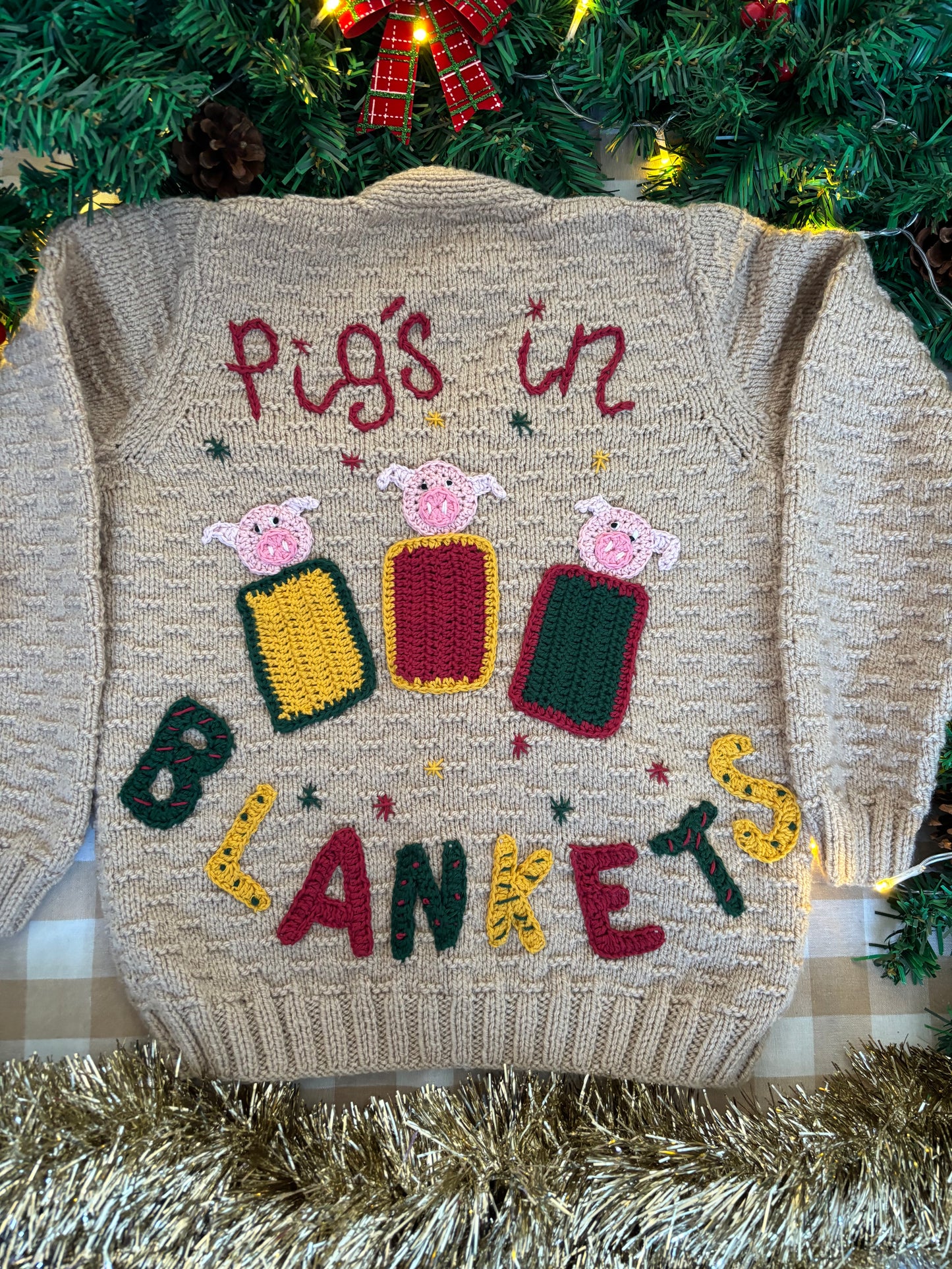 Size 5-7 Years, Pigs in Blankets, Beige Hand knitted Cardi